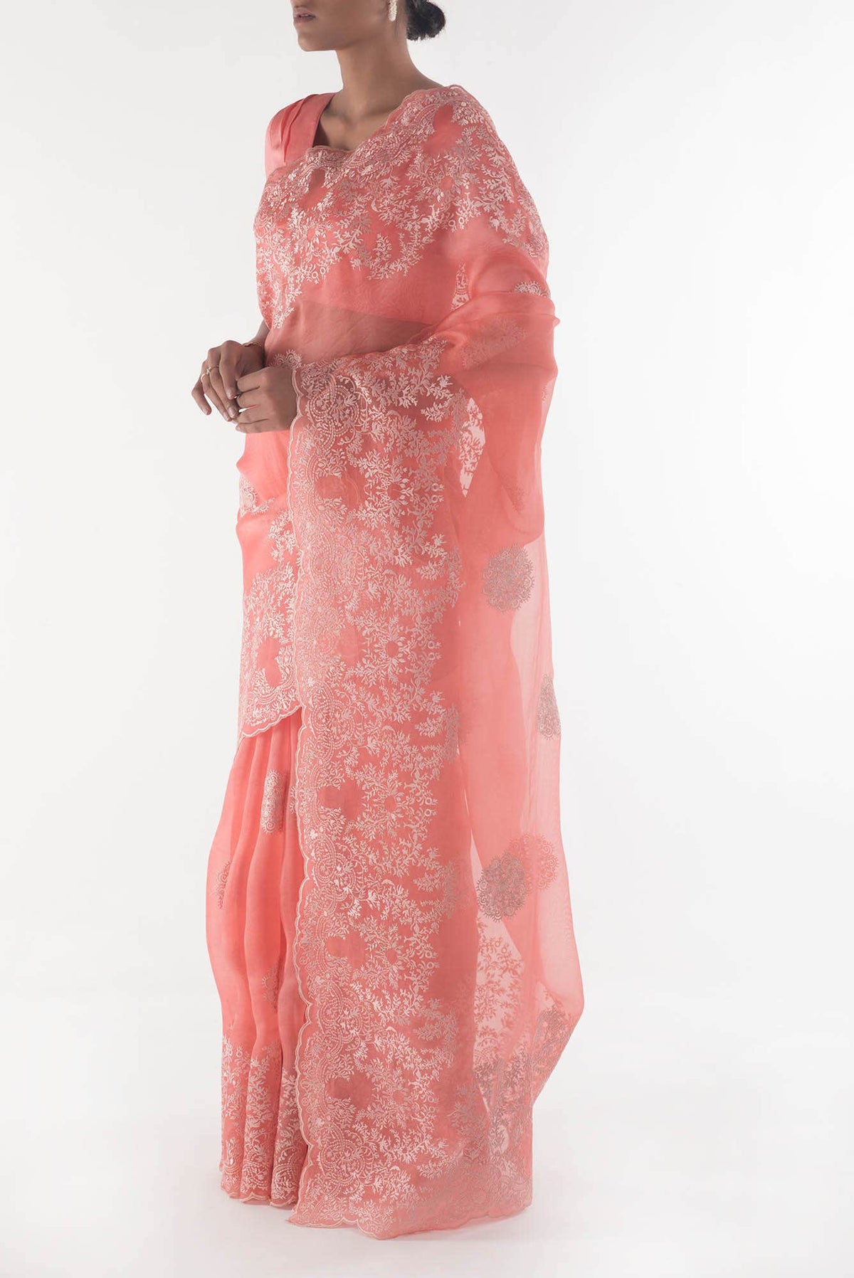 Garden of Eden Coral floral design saree from Embroidered Romance Collection by Nalli