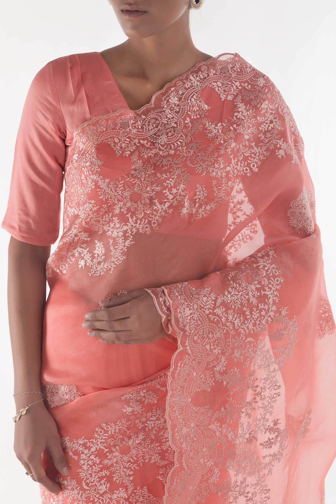 Garden of Eden Coral floral design saree from Embroidered Romance Collection by Nalli
