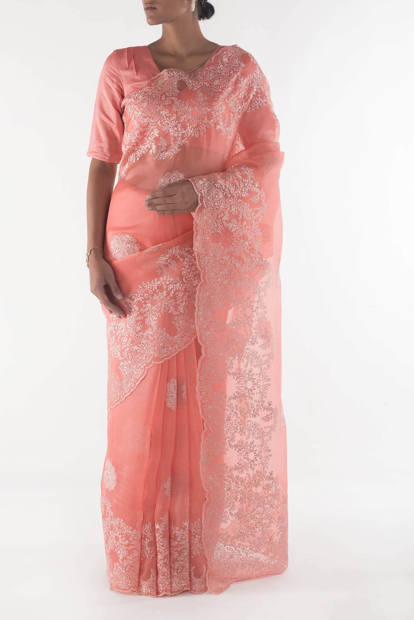Garden of Eden Coral floral design saree from Embroidered Romance Collection by Nalli