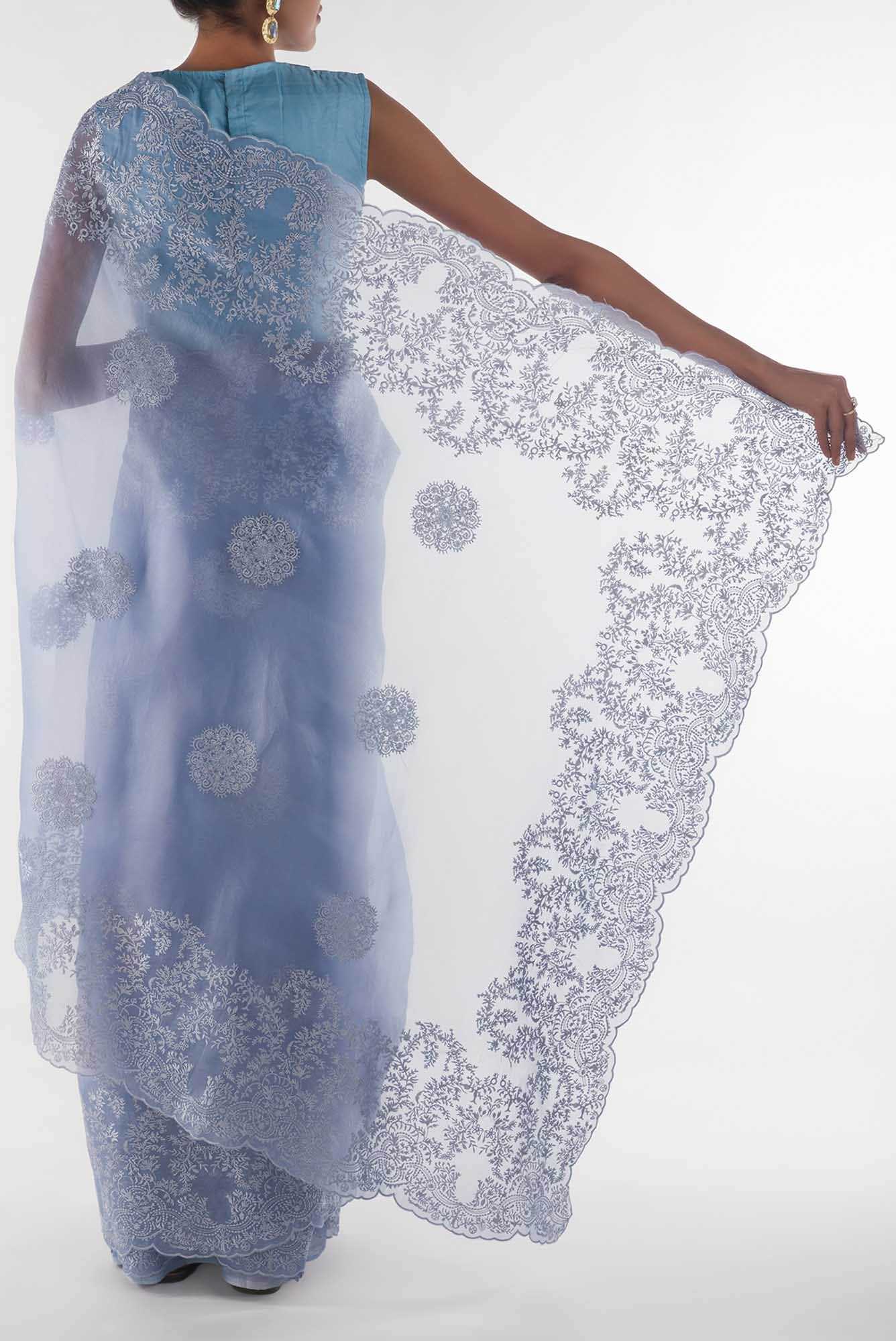 Garden of Eden Blue floral design saree from Embroidered Romance Collection by Nalli