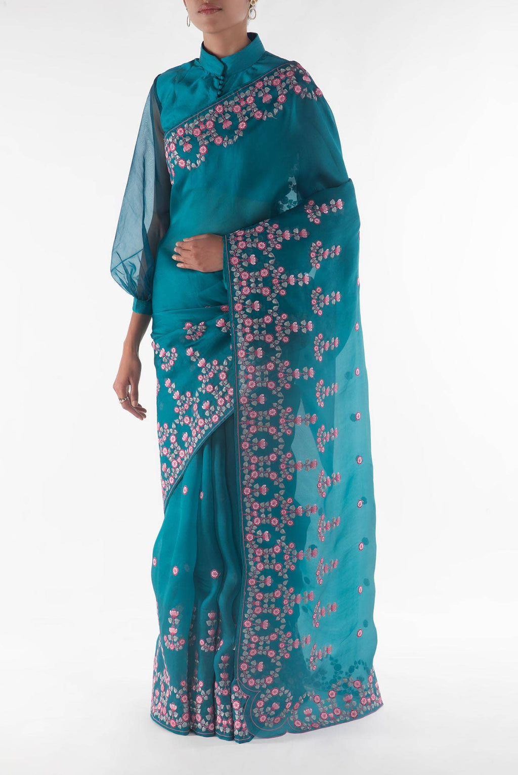 Ethereal Love Teal floral design saree from Embroidered Romance Collection by Nalli