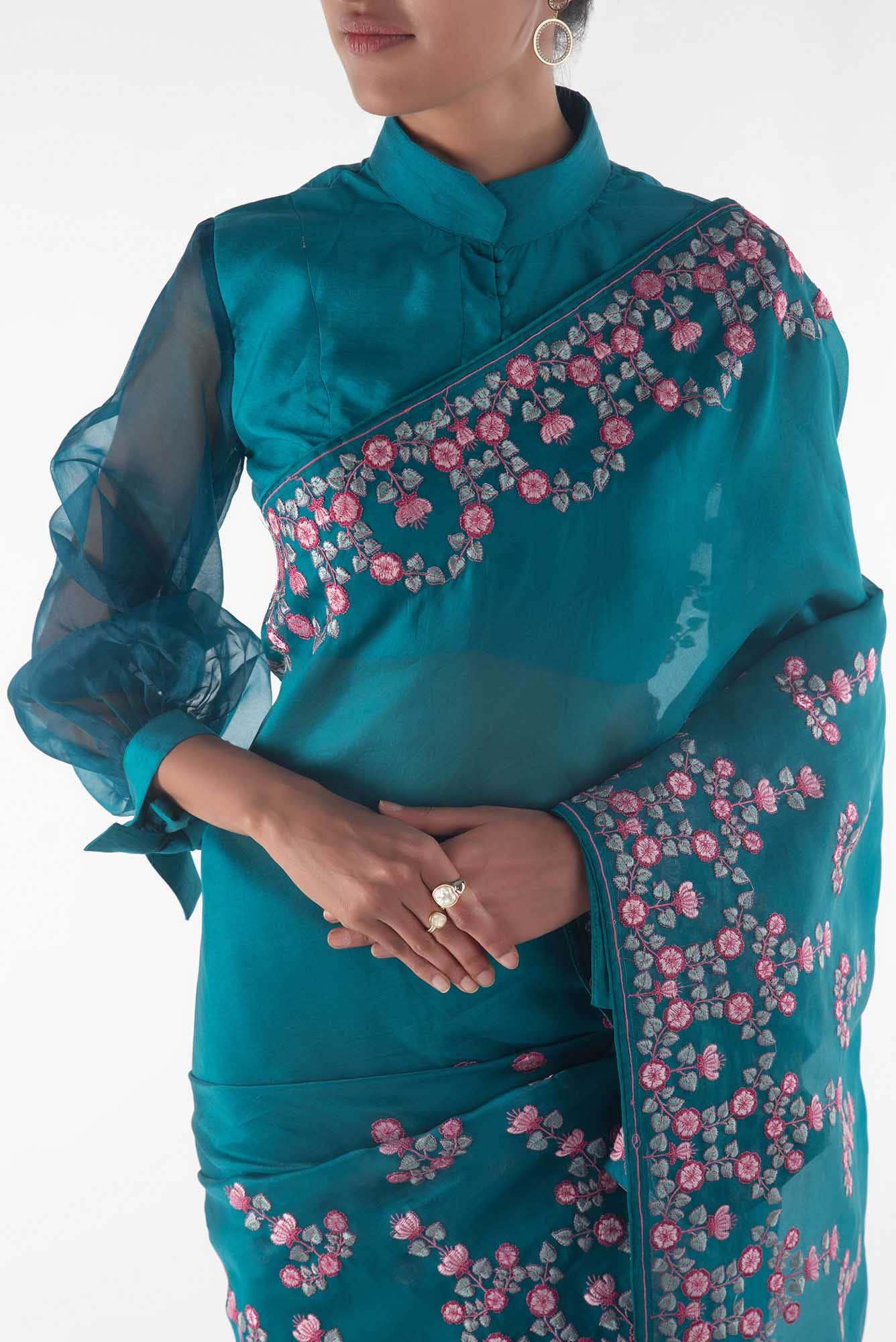 Ethereal Love Teal floral design saree from Embroidered Romance Collection by Nalli