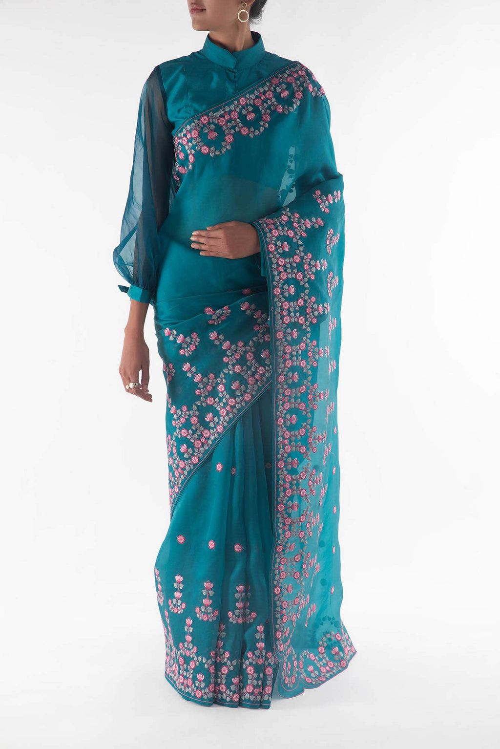 Ethereal Love Teal floral design saree from Embroidered Romance Collection by Nalli