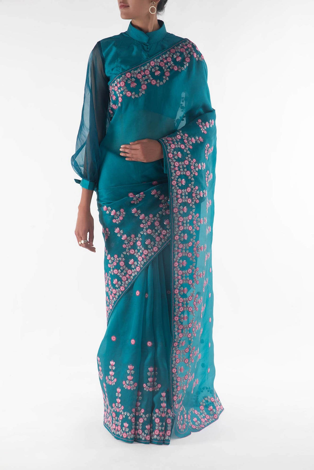 Ethereal Love Teal floral design saree from Embroidered Romance Collection by Nalli