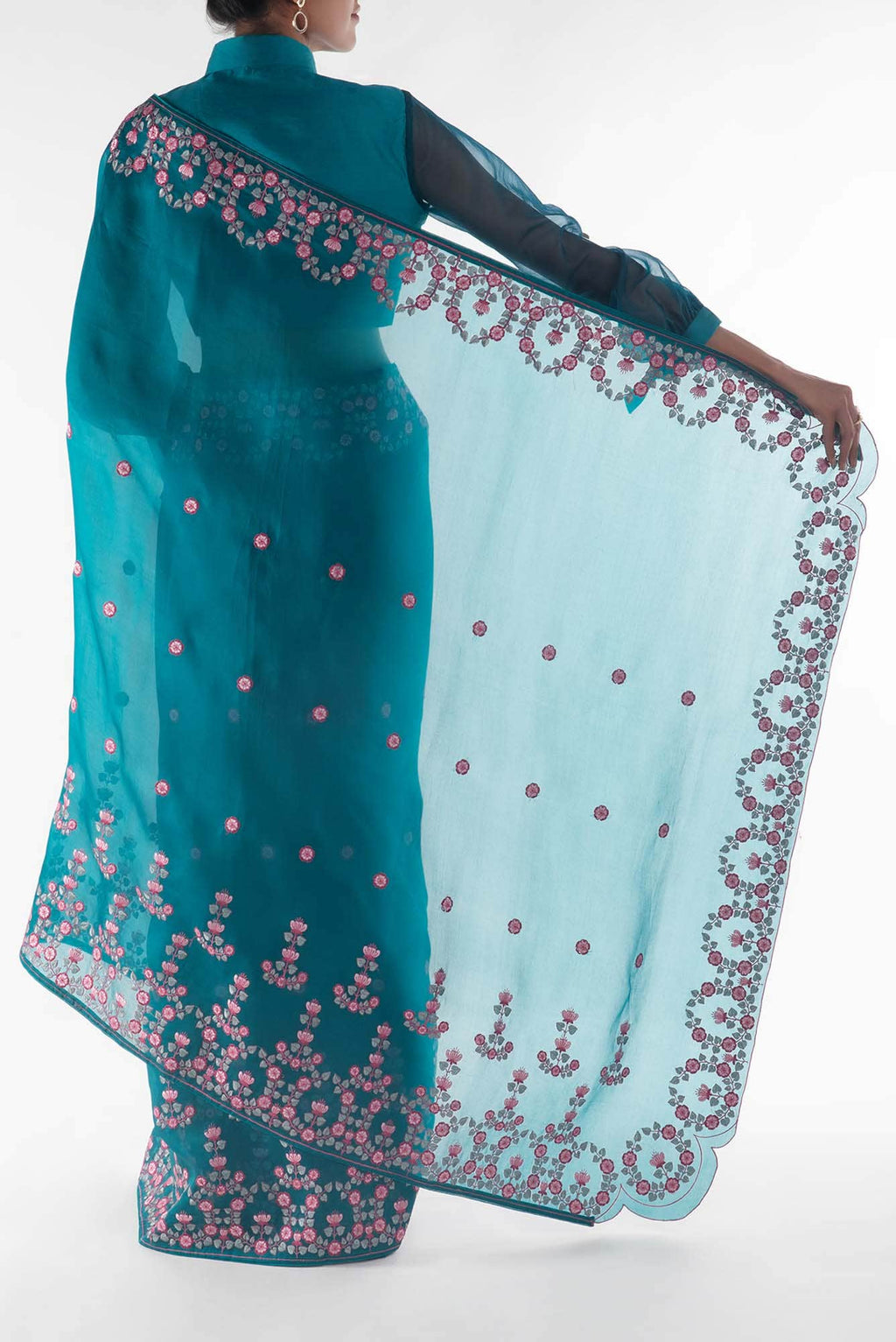 Ethereal Love Teal floral design saree from Embroidered Romance Collection by Nalli