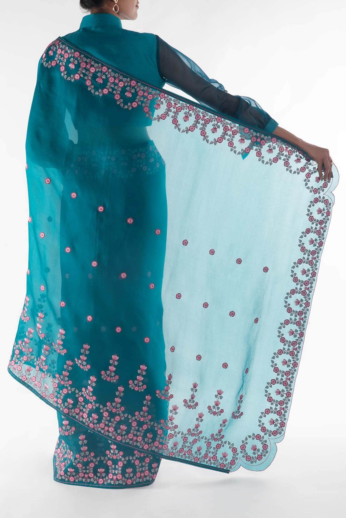 Ethereal Love Teal floral design saree from Embroidered Romance Collection by Nalli