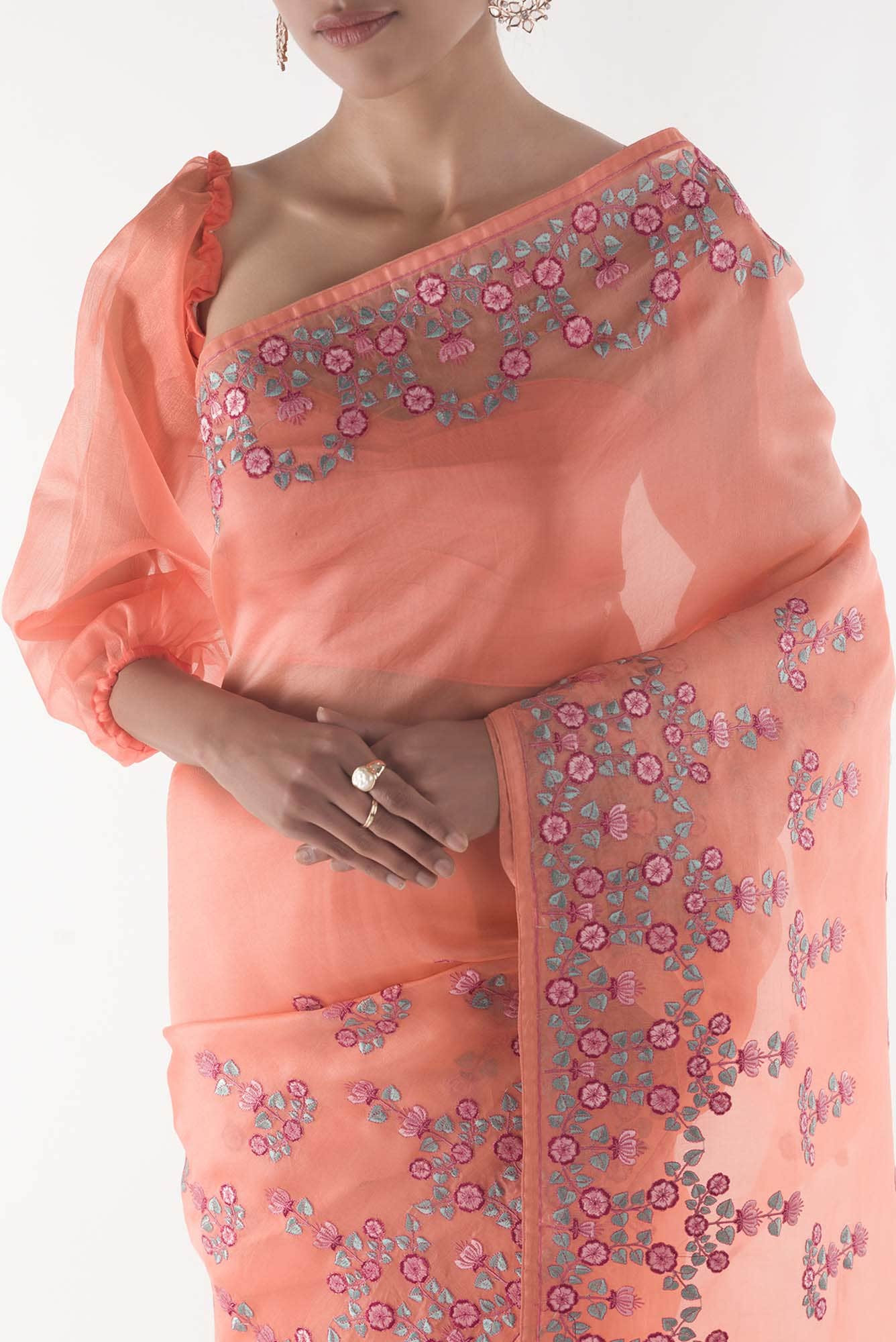 Ethereal Love Orange floral design saree from Embroidered Romance Collection by Nalli