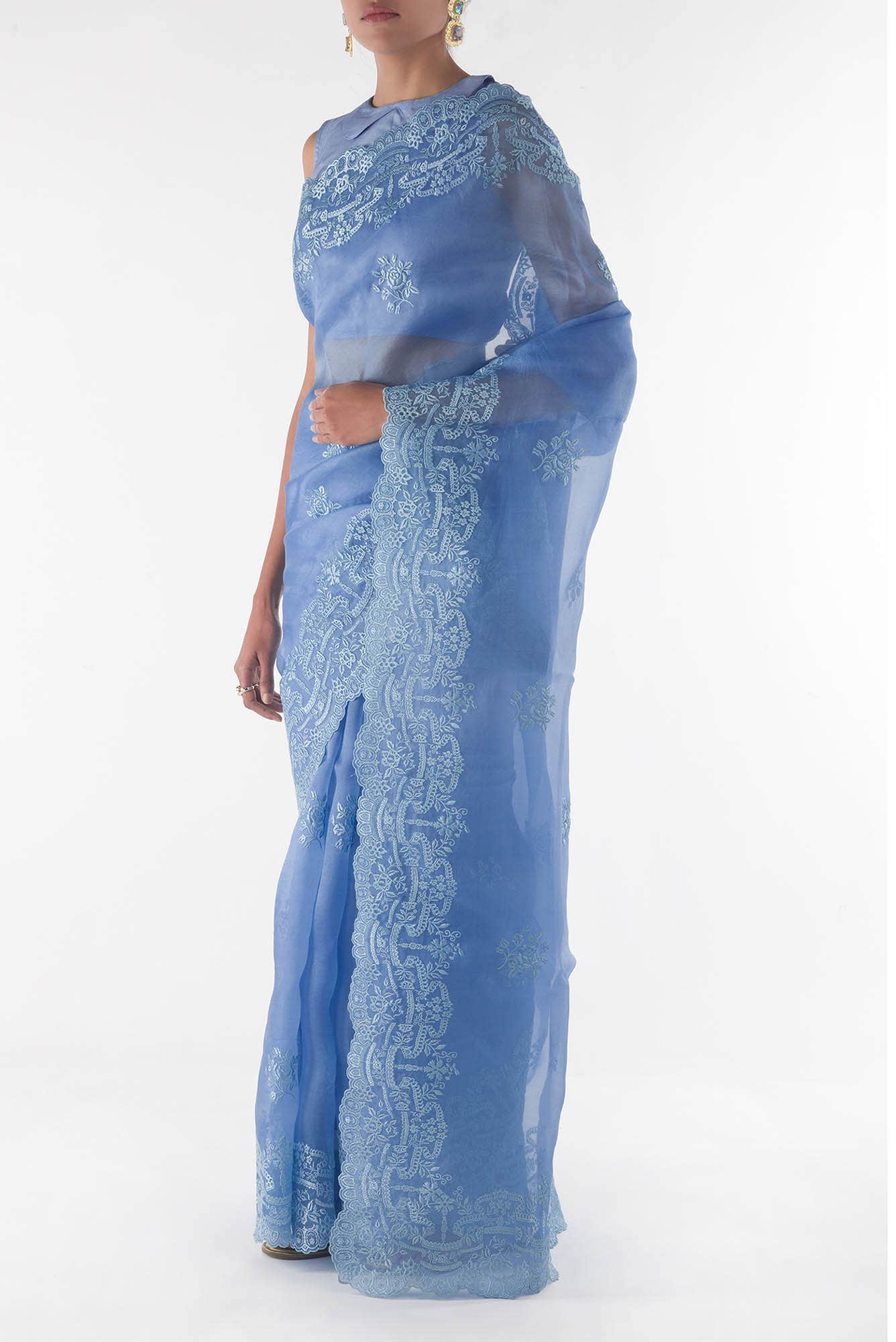 Romance of the Roses Blue floral design saree from Embroidered Romance Collection by Nalli