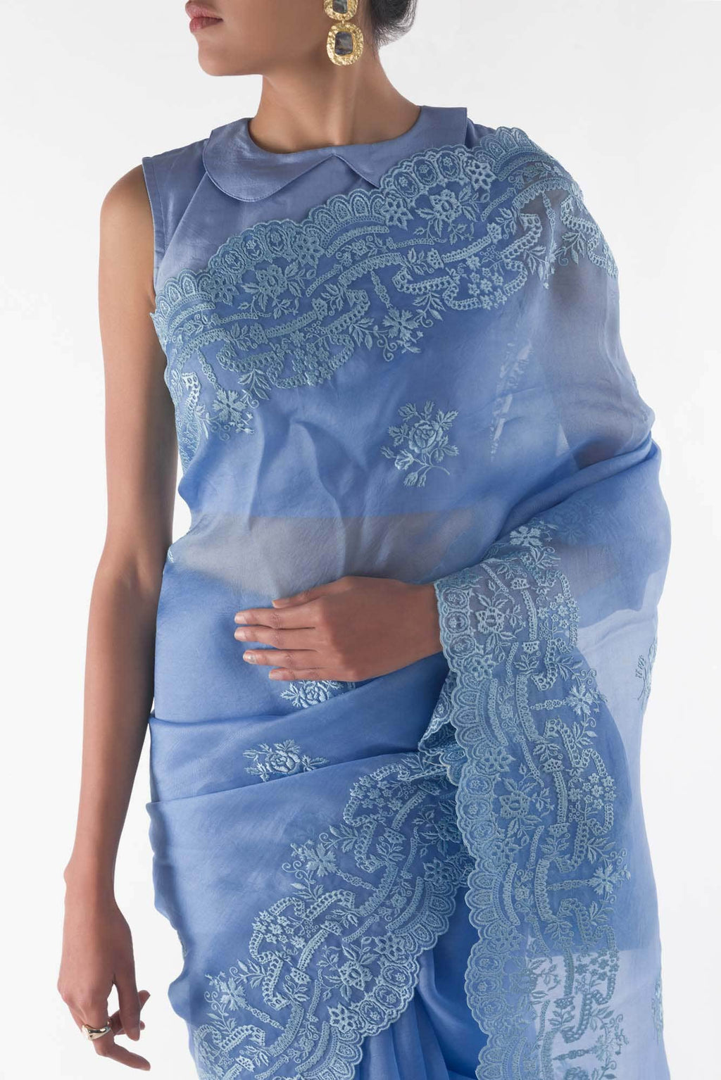 Romance of the Roses Blue floral design saree from Embroidered Romance Collection by Nalli