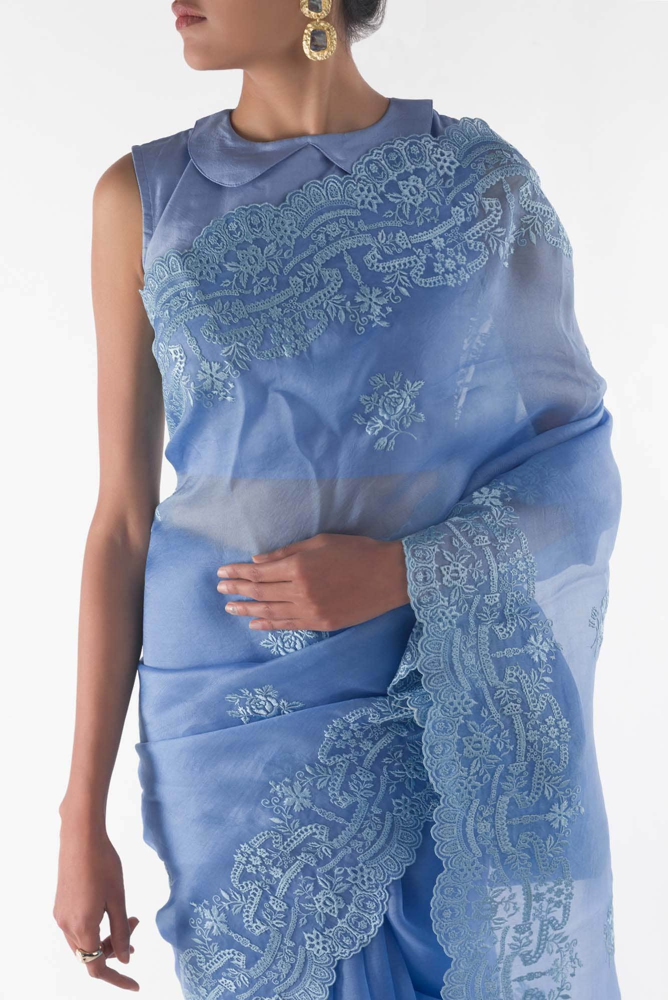 Romance of the Roses Blue floral design saree from Embroidered Romance Collection by Nalli