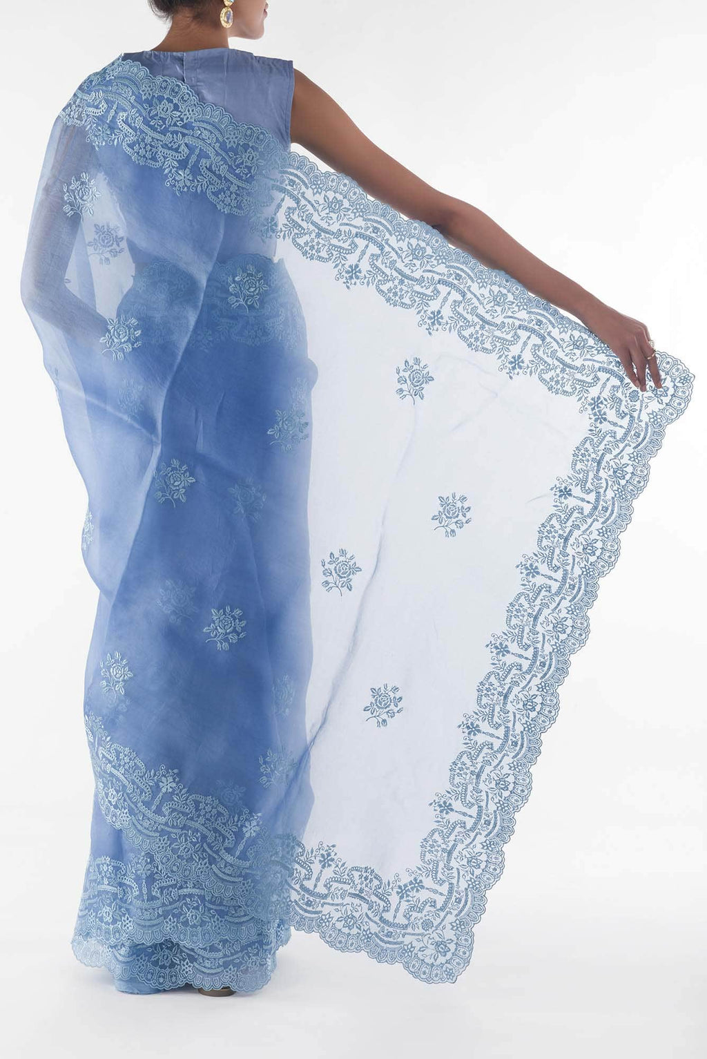 Romance of the Roses Blue floral design saree from Embroidered Romance Collection by Nalli