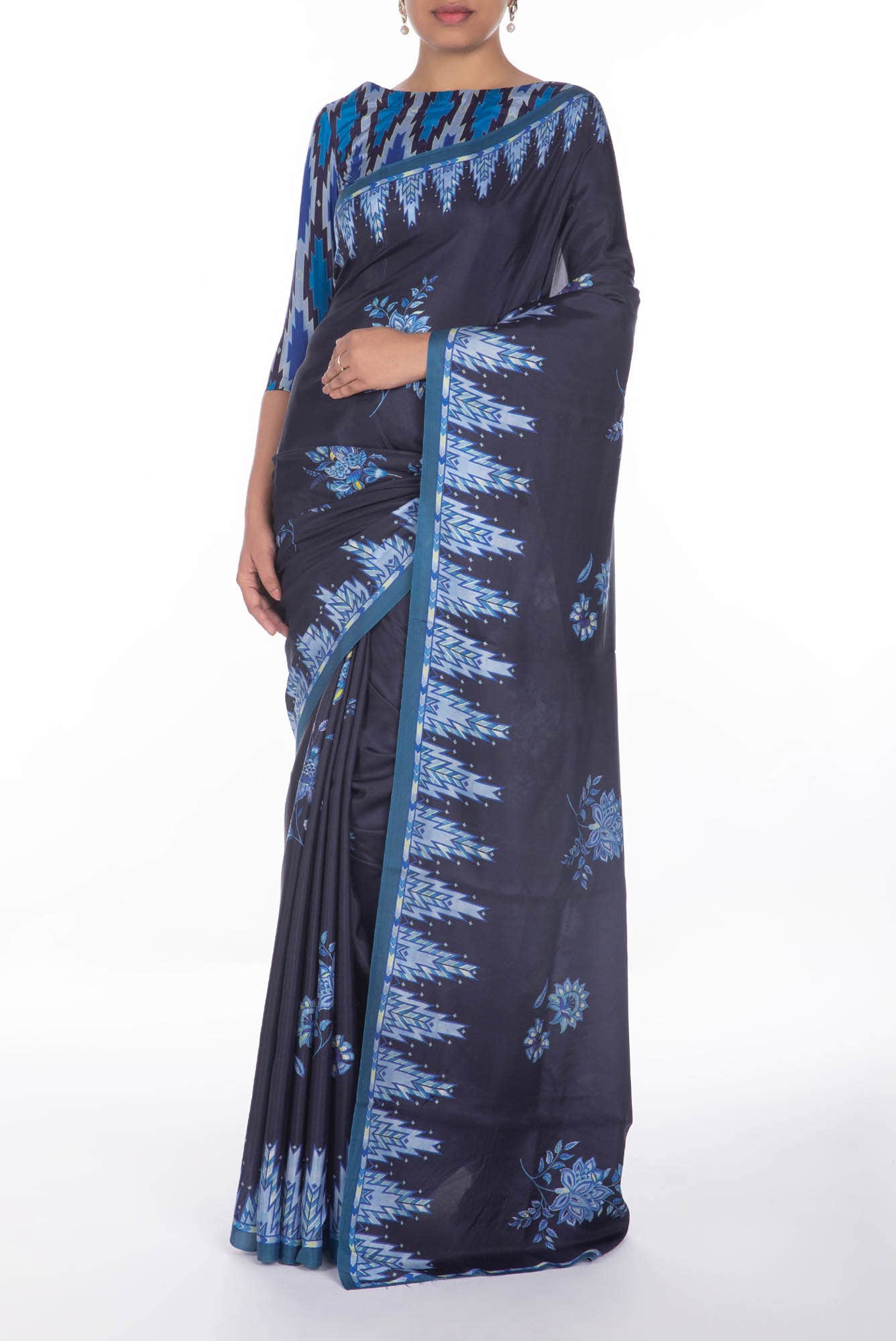 Sadhna Navy Blue floral design saree from Chintz Collection, Designed by Nalli