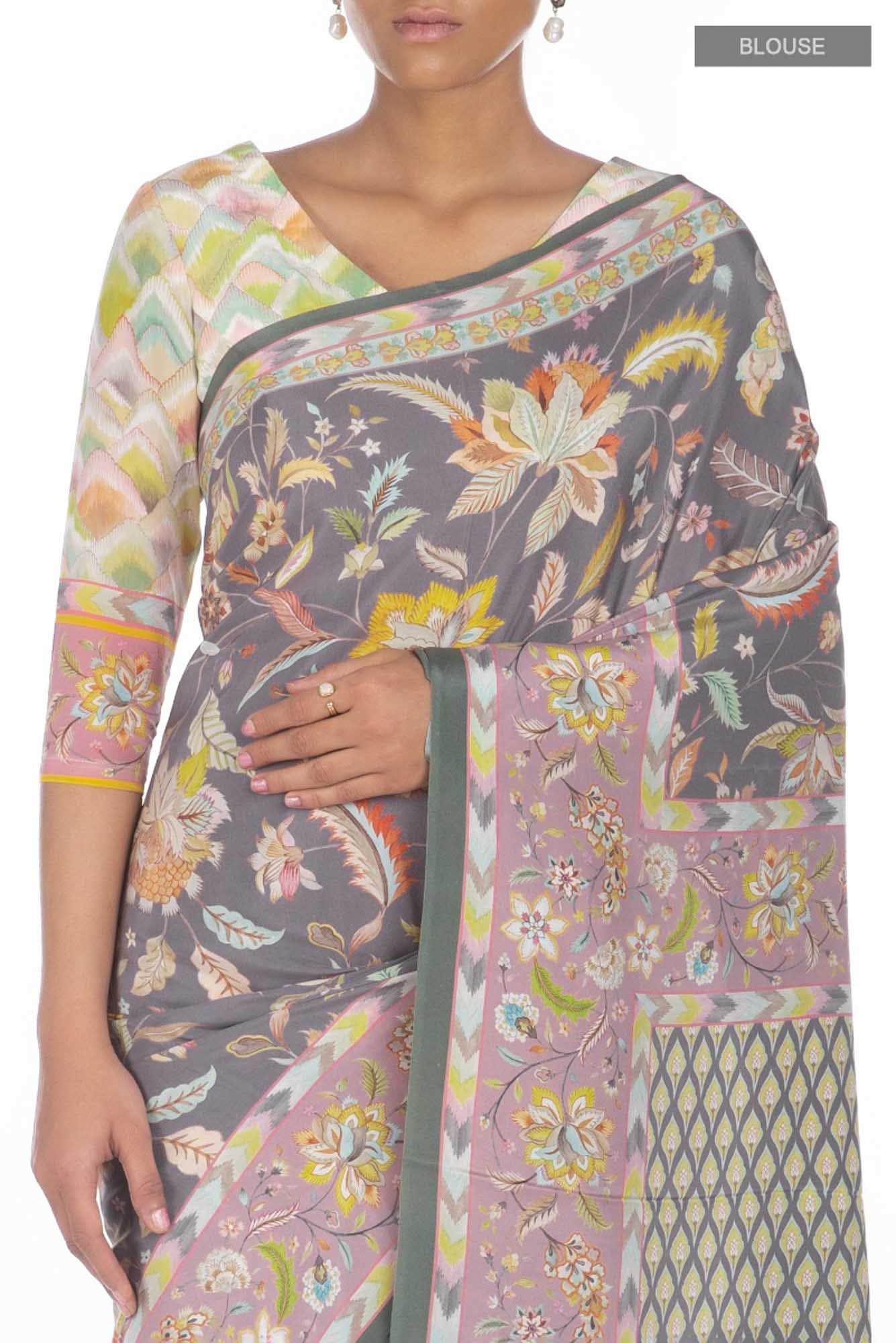 Bagicha Grey floral design saree from Chintz Collection, Designed by Nalli