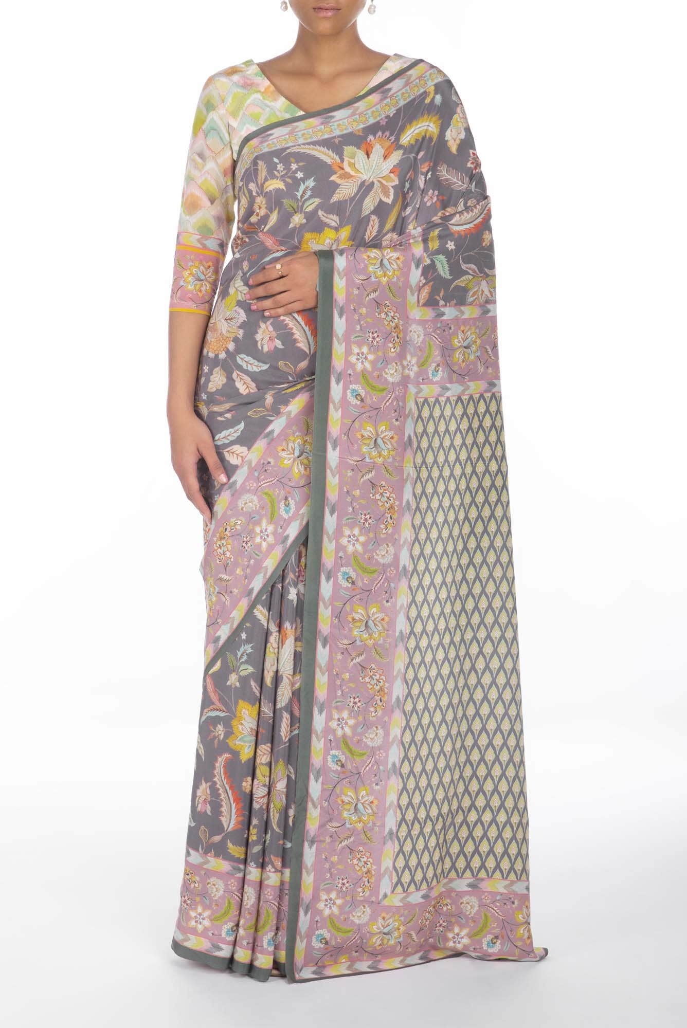 Bagicha Grey floral design saree from Chintz Collection, Designed by Nalli