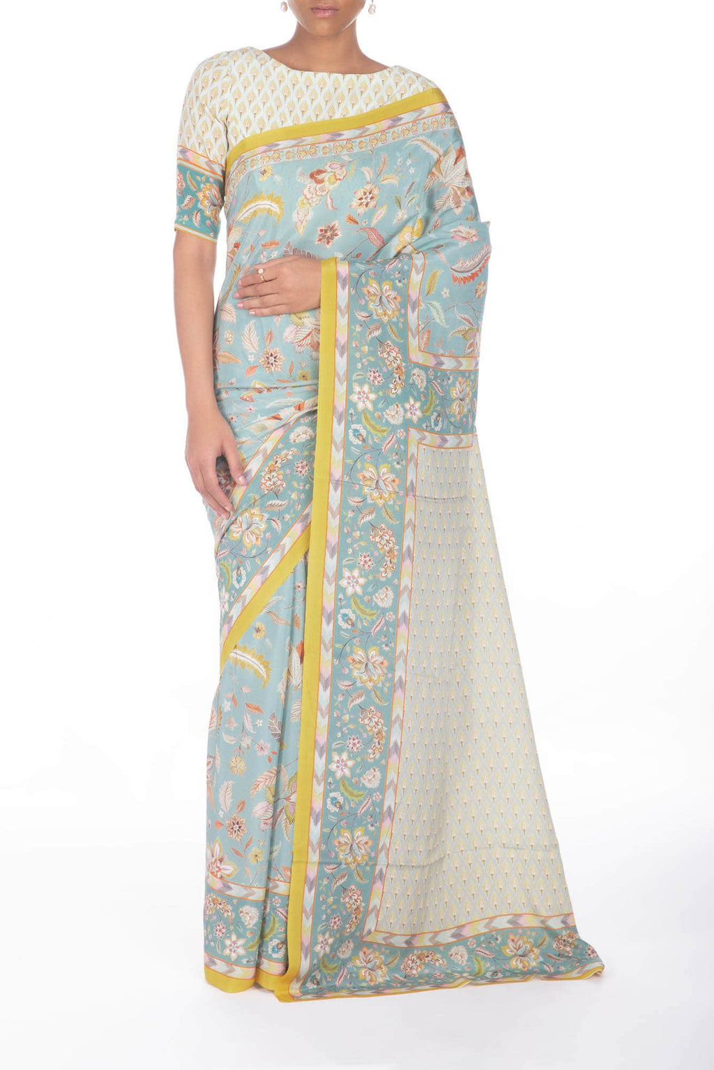Bagicha Light turquoise floral design saree from Chintz Collection, Designed by Nalli