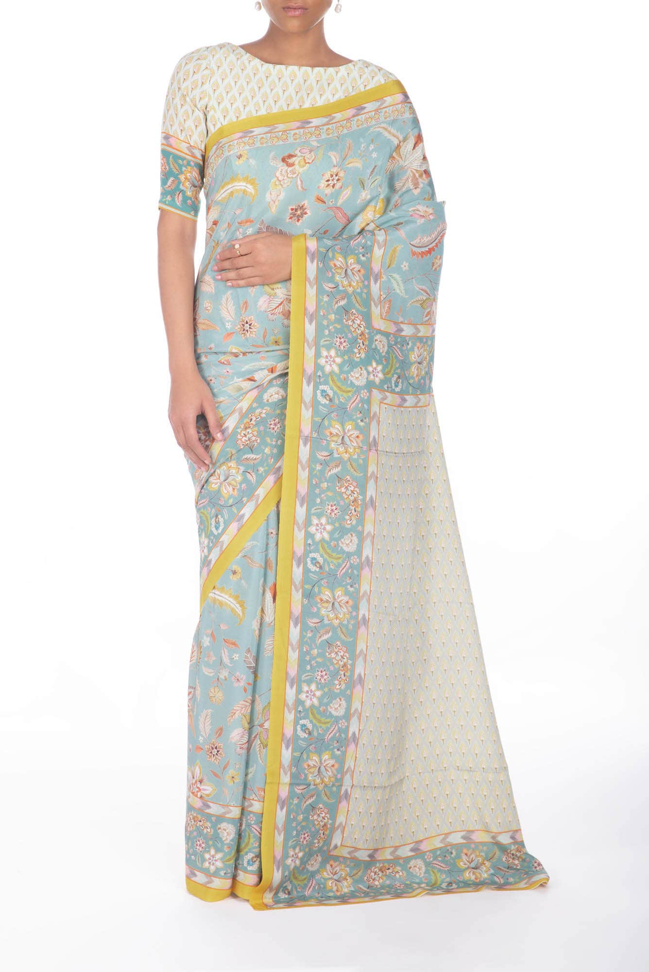Bagicha Light turquoise floral design saree from Chintz Collection, Designed by Nalli