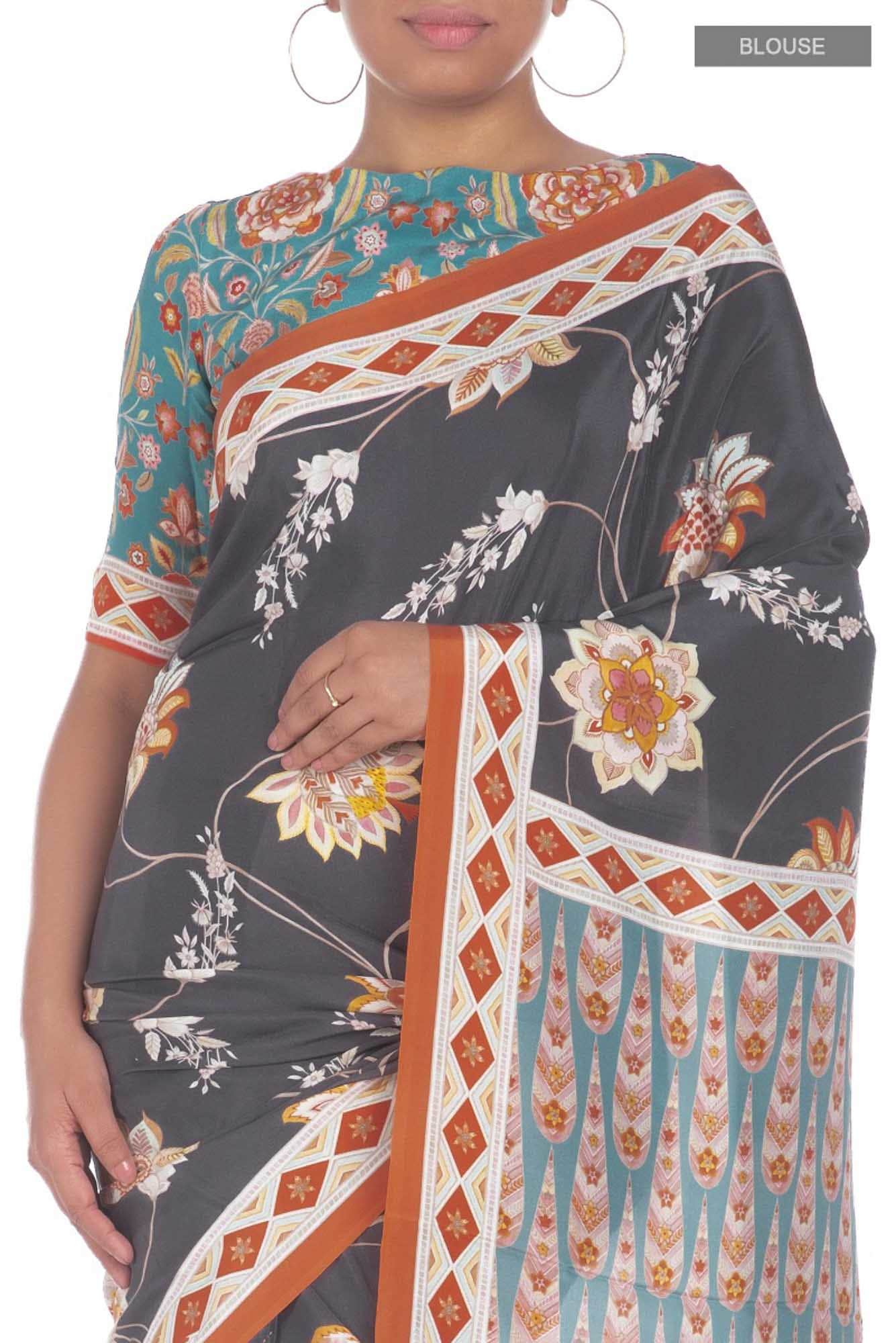 Lata Dark Grey floral design saree from Chintz Collection, Designed by Nalli