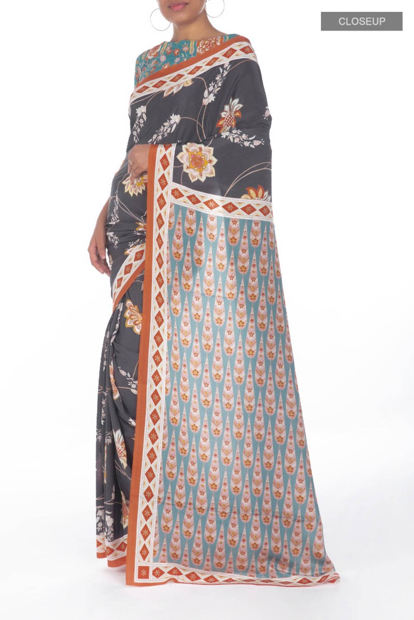 Lata Dark Grey floral design saree from Chintz Collection, Designed by Nalli