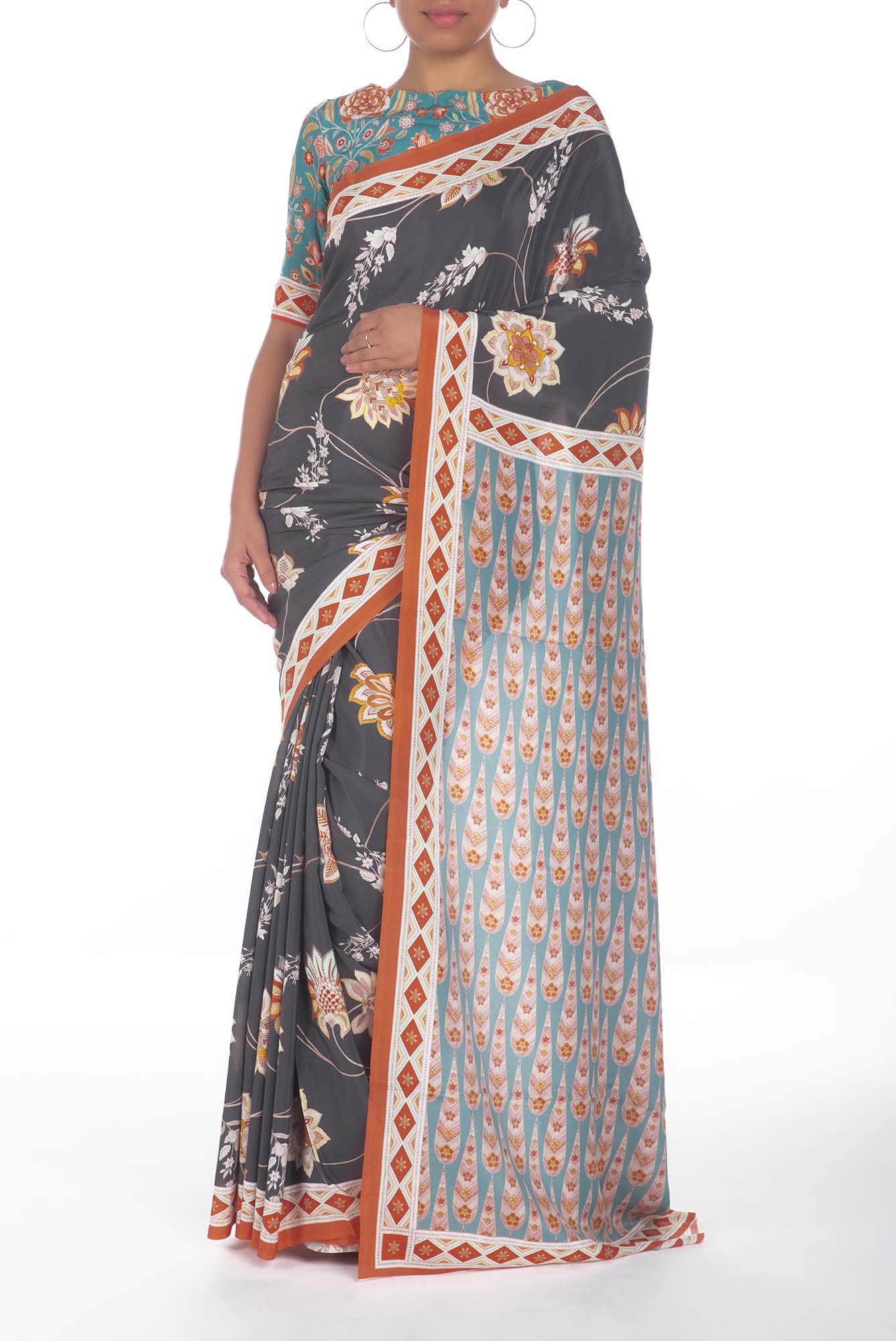 Lata Dark Grey floral design saree from Chintz Collection, Designed by Nalli
