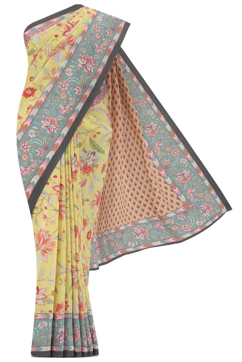 Bagicha Lemon yellow  floral design saree from Chintz Collection, Designed by Nalli