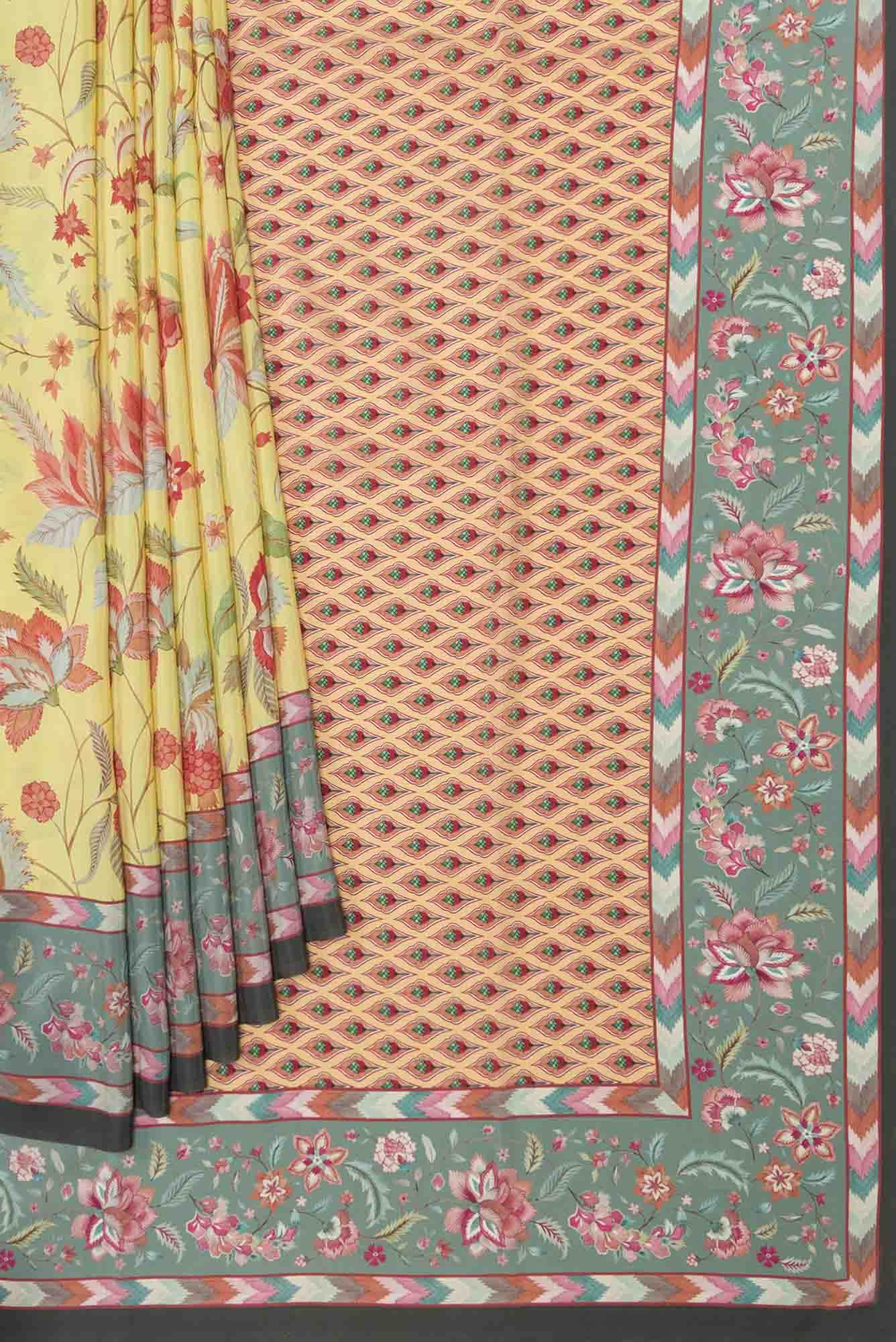 Bagicha Lemon yellow  floral design saree from Chintz Collection, Designed by Nalli