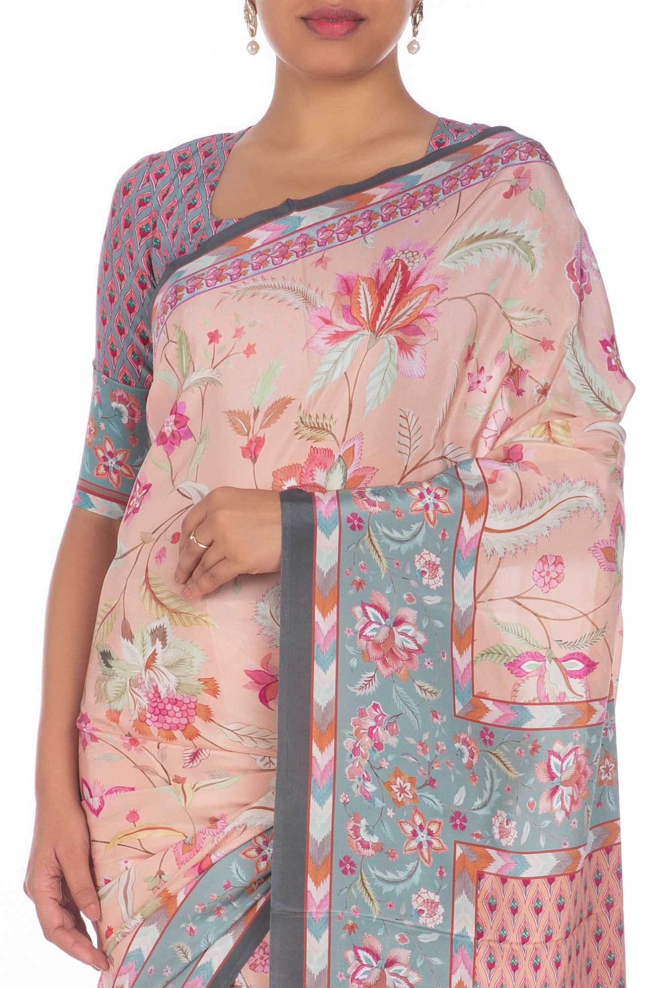 BagichaPeach floral design saree from Chintz Collection, Designed by Nalli