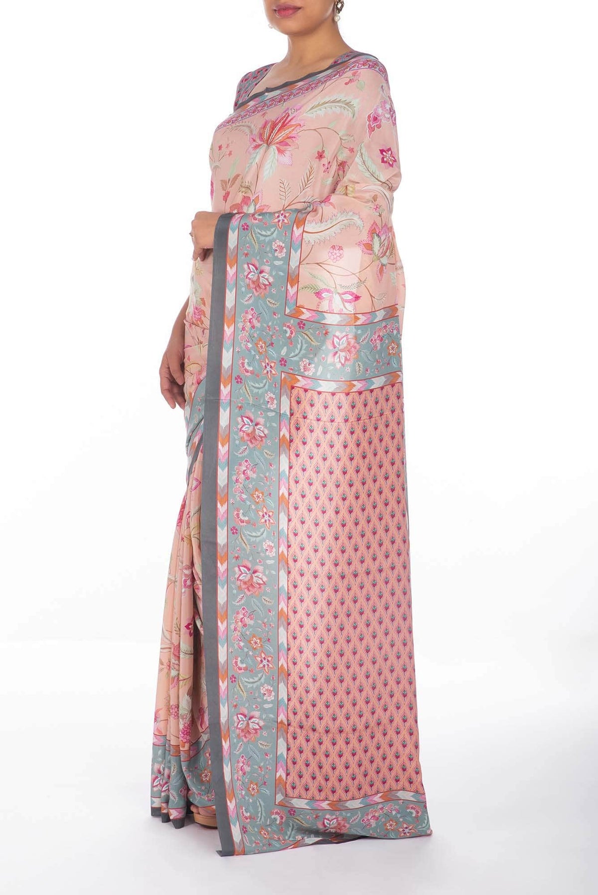 Bagicha - Peach floral design saree from Chintz Collection, Designed by Nalli