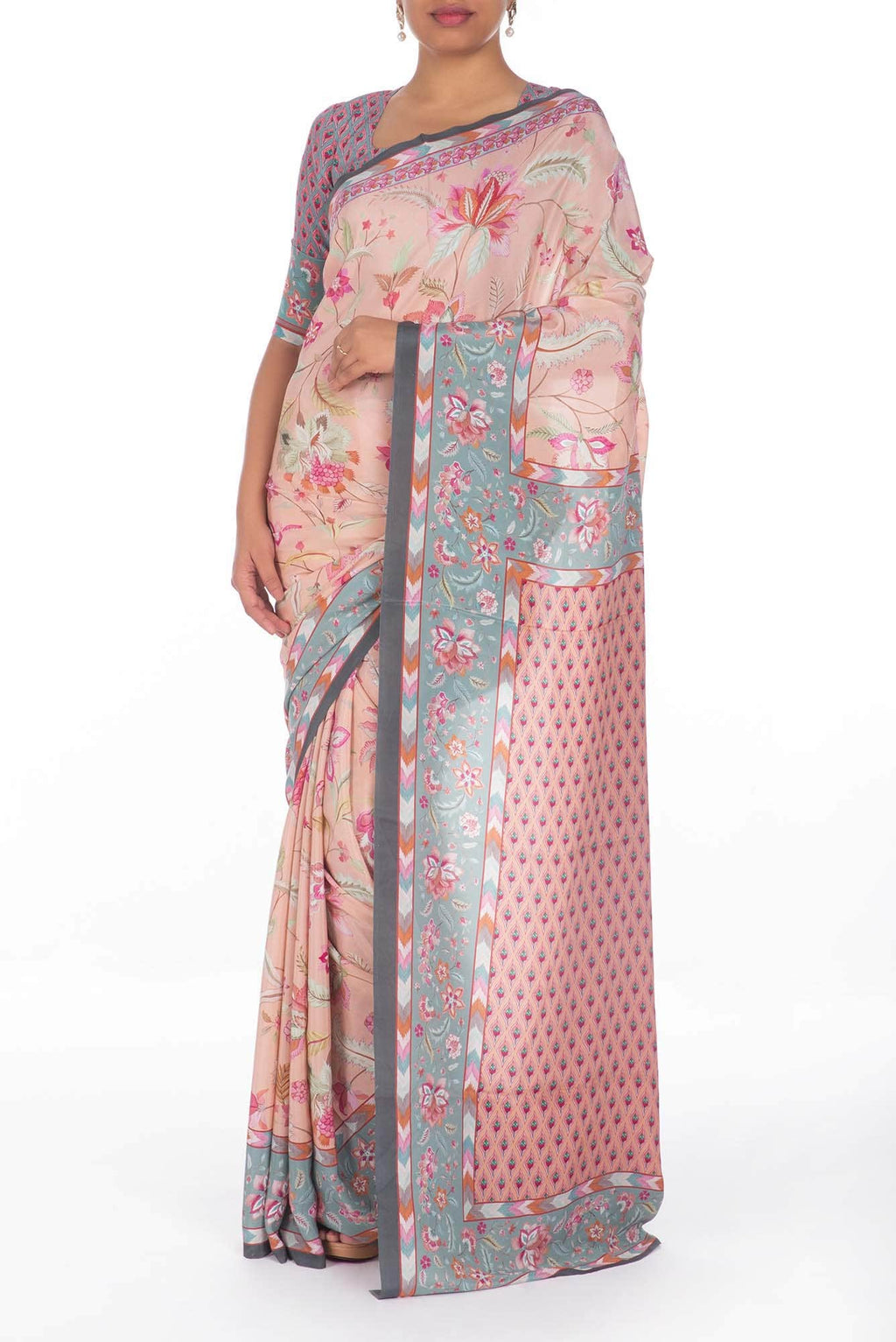 BagichaPeach floral design saree from Chintz Collection, Designed by Nalli