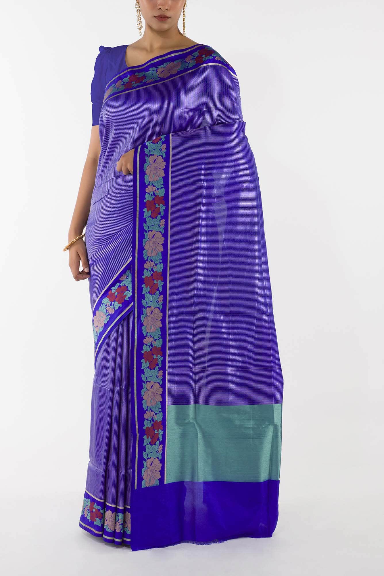 Classic Chrysanthemum- Blue Banarasi Saree
