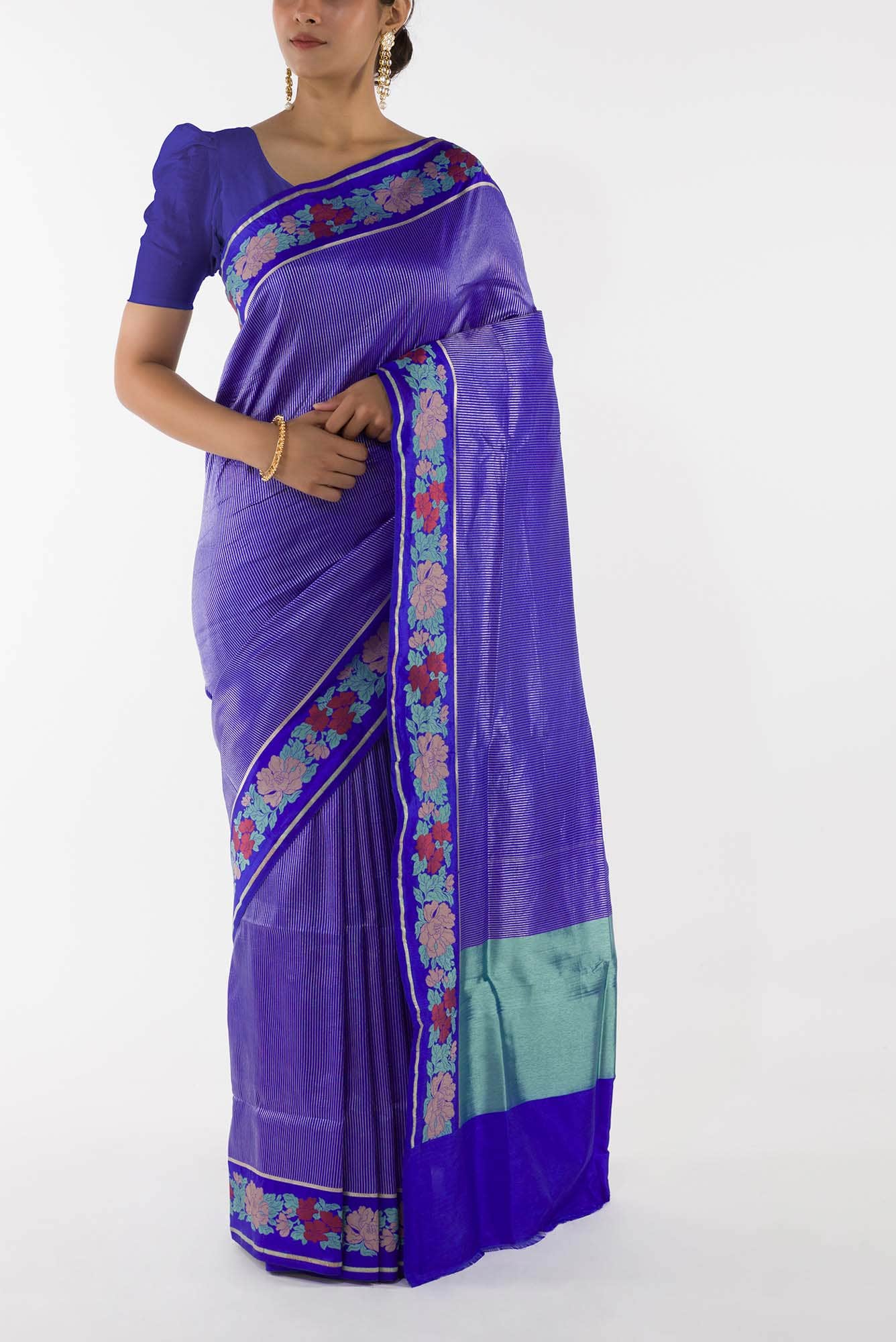 Classic Chrysanthemum- Blue Banarasi Saree