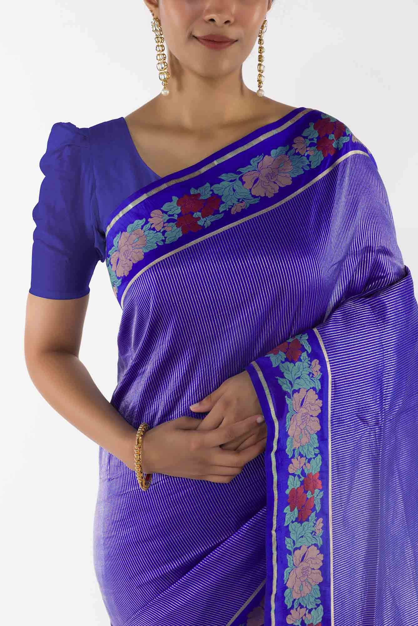 Classic Chrysanthemum- Blue Banarasi Saree