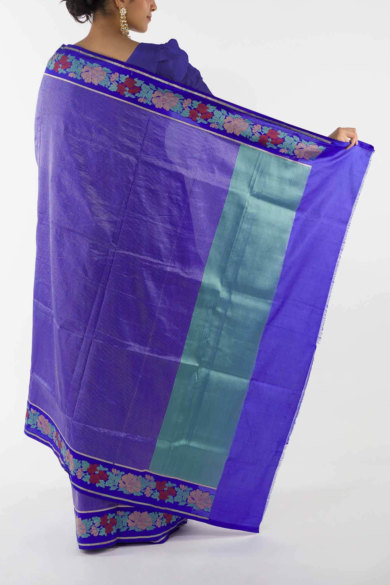 Classic Chrysanthemum- Blue Banarasi Saree
