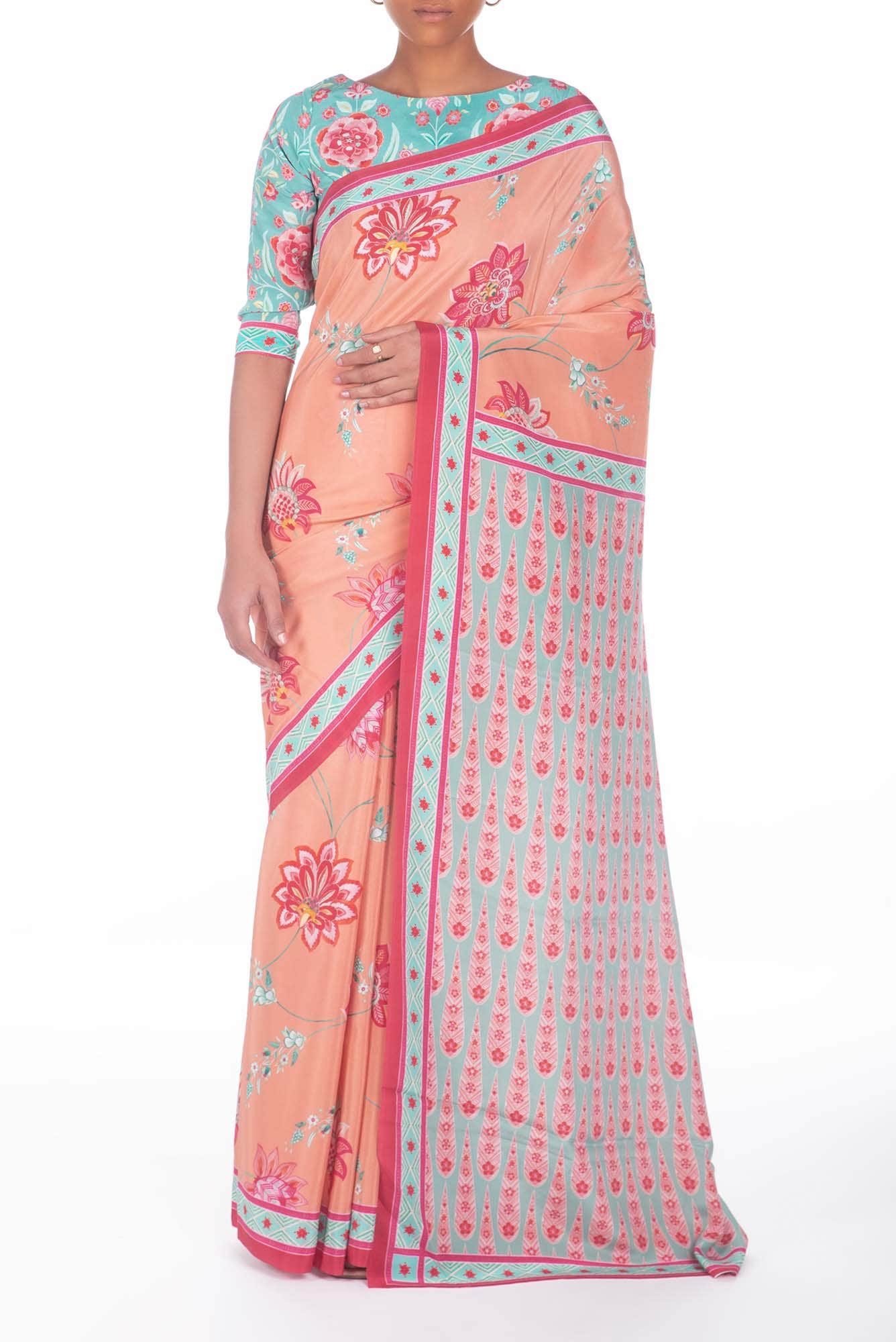 Lata Peach floral design saree from Chintz Collection, Designed by Nalli