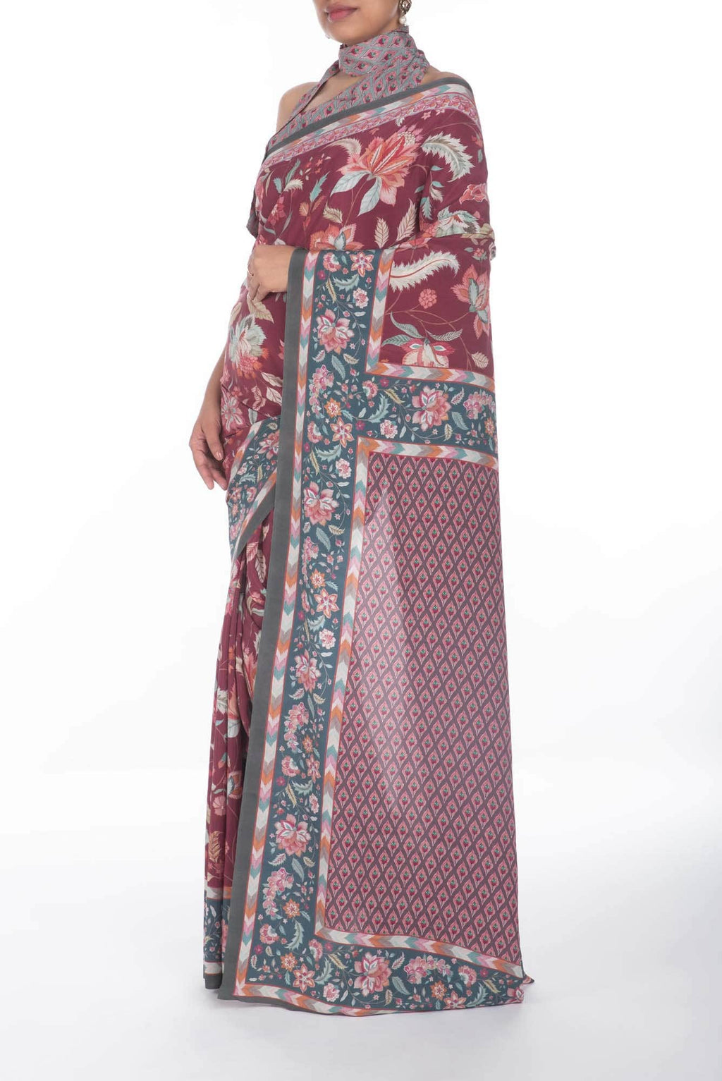 Bagicha Maroon floral design saree from Chintz Collection, Designed by Nalli