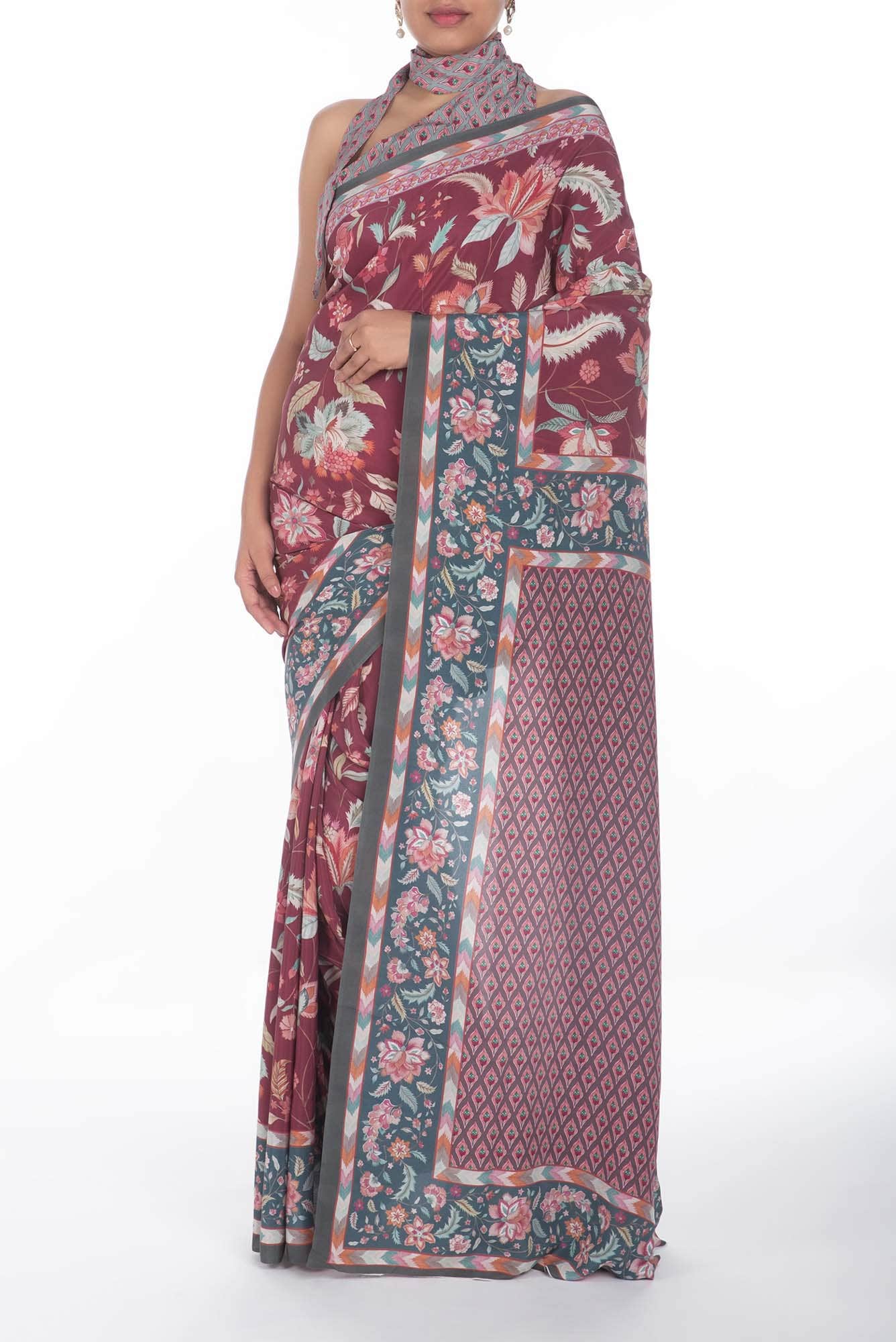 Bagicha Maroon floral design saree from Chintz Collection, Designed by Nalli