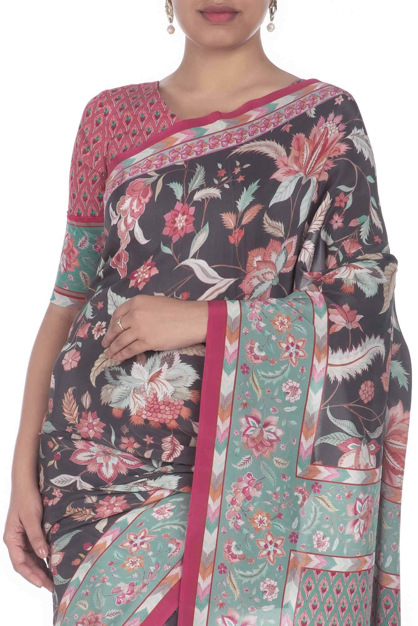 Bagicha Charcoal grey floral design saree from Chintz Collection, Designed by Nalli