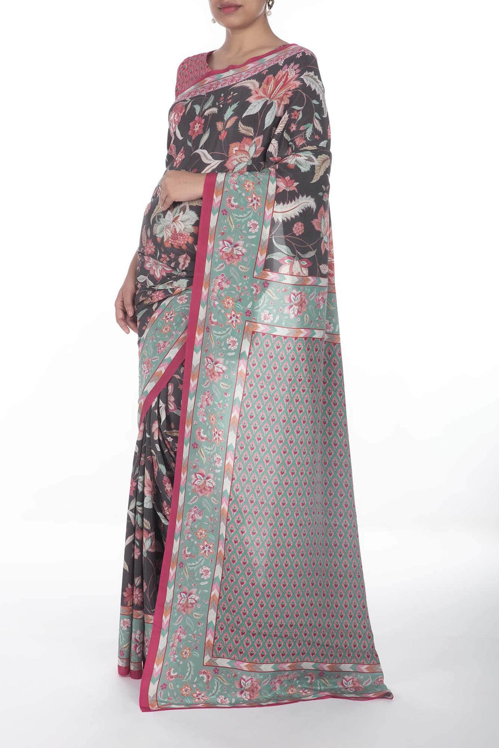 Bagicha Charcoal grey floral design saree from Chintz Collection, Designed by Nalli