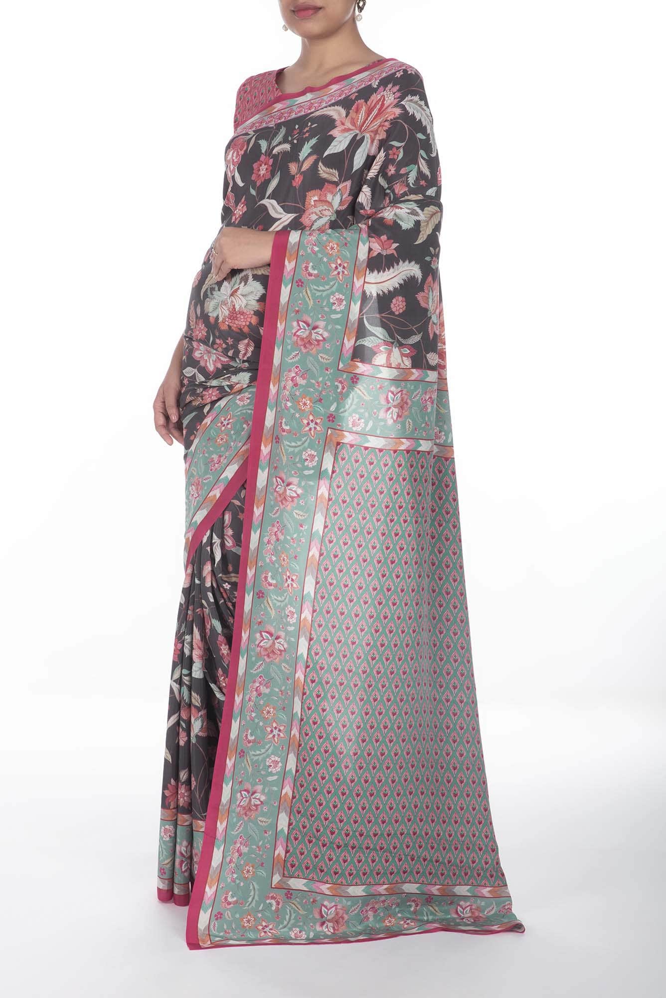Bagicha Charcoal grey floral design saree from Chintz Collection, Designed by Nalli