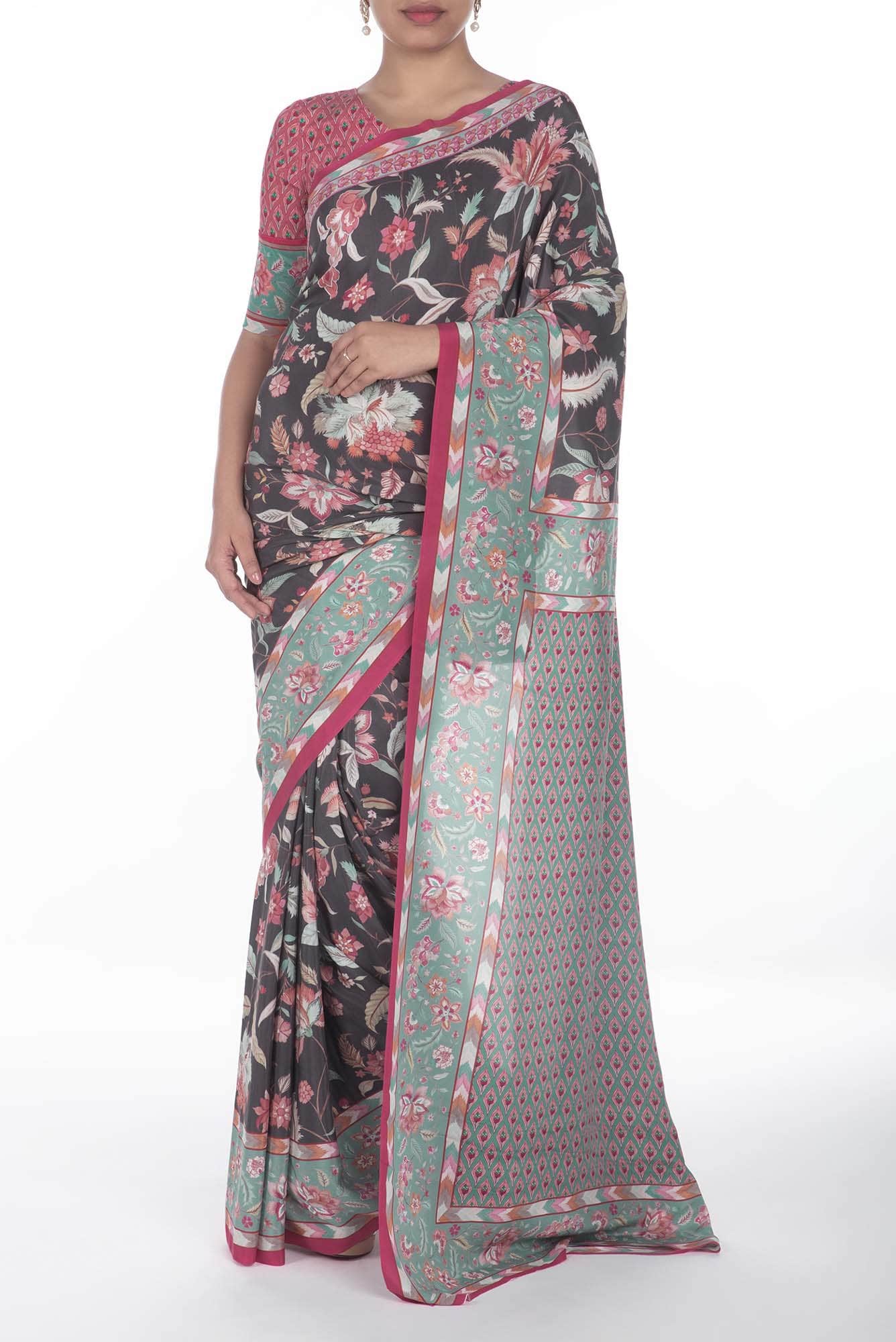 Bagicha Charcoal grey floral design saree from Chintz Collection, Designed by Nalli