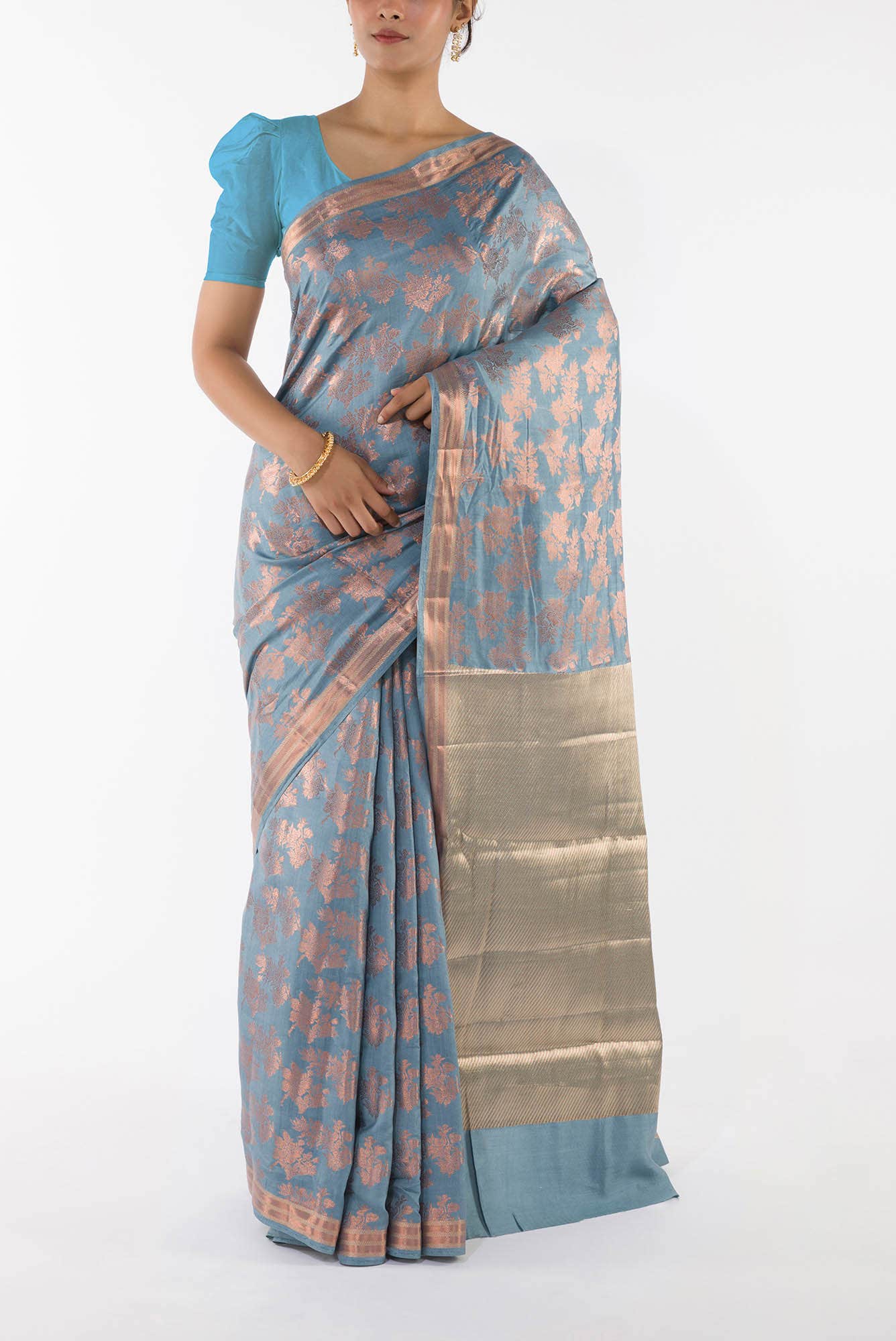 Pyari Peony- Powdered Blue Banarasi Saree
