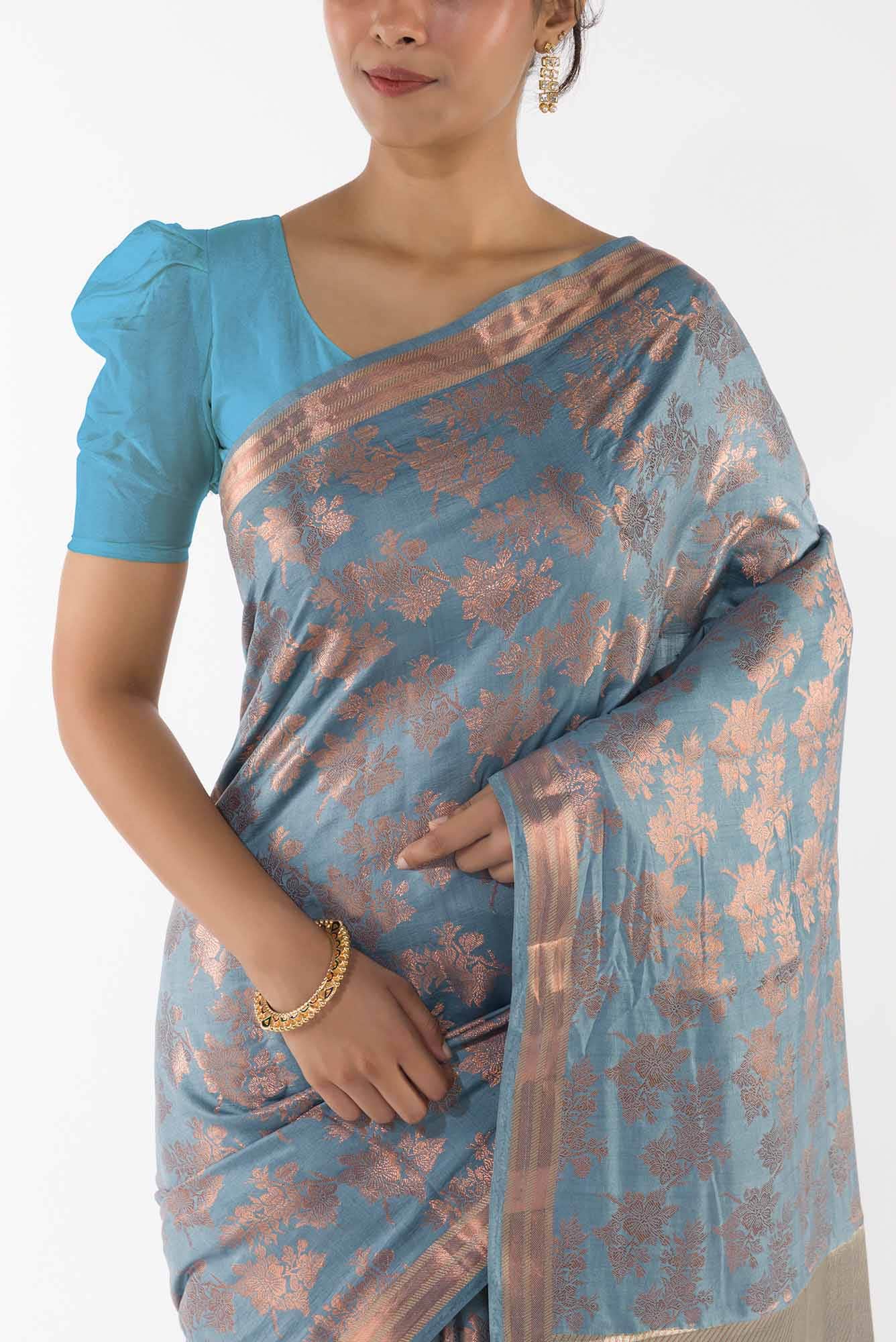Pyari Peony- Powdered Blue Banarasi Saree