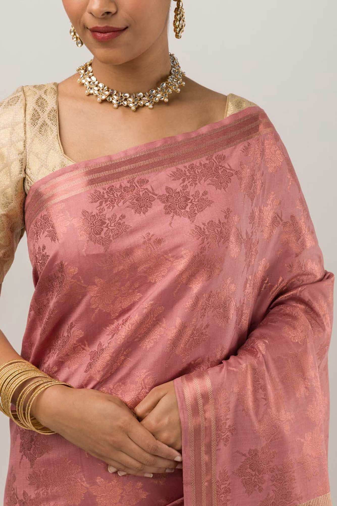 Pyari Peony-Rose Gold Banarasi Silk Saree