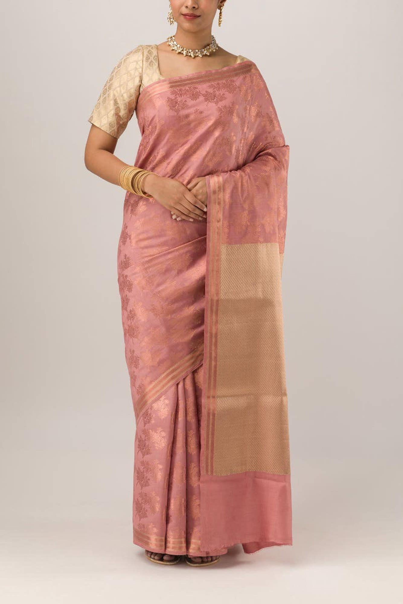 Pyari Peony-Rose Gold Banarasi Silk Saree