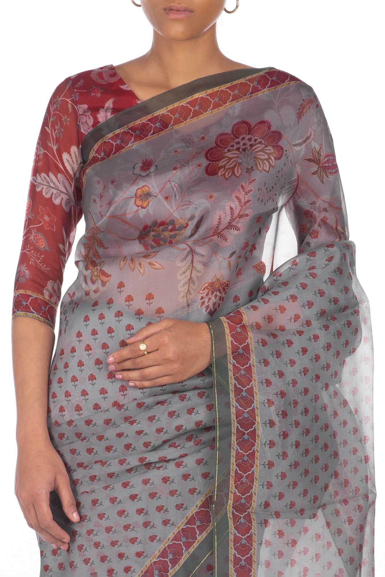 Pushpavalli Grey floral design saree from Chintz Collection, Designed by Nalli