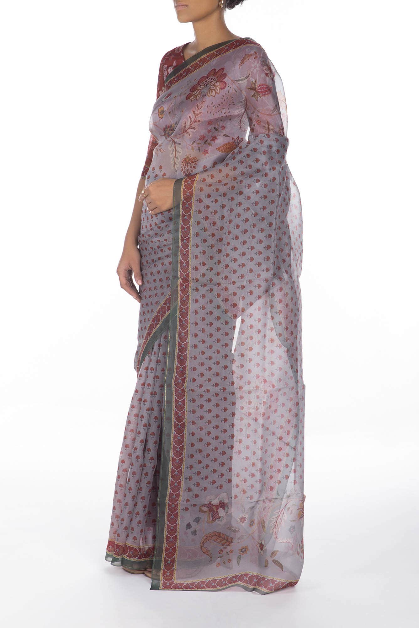 Pushpavalli Grey floral design saree from Chintz Collection, Designed by Nalli