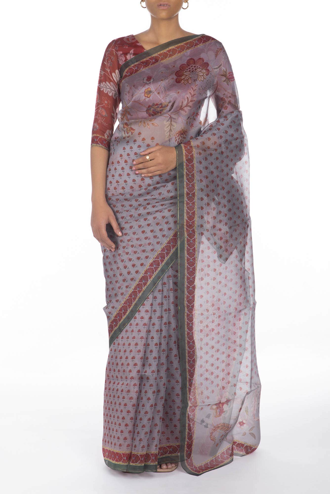 Pushpavalli Grey floral design saree from Chintz Collection, Designed by Nalli