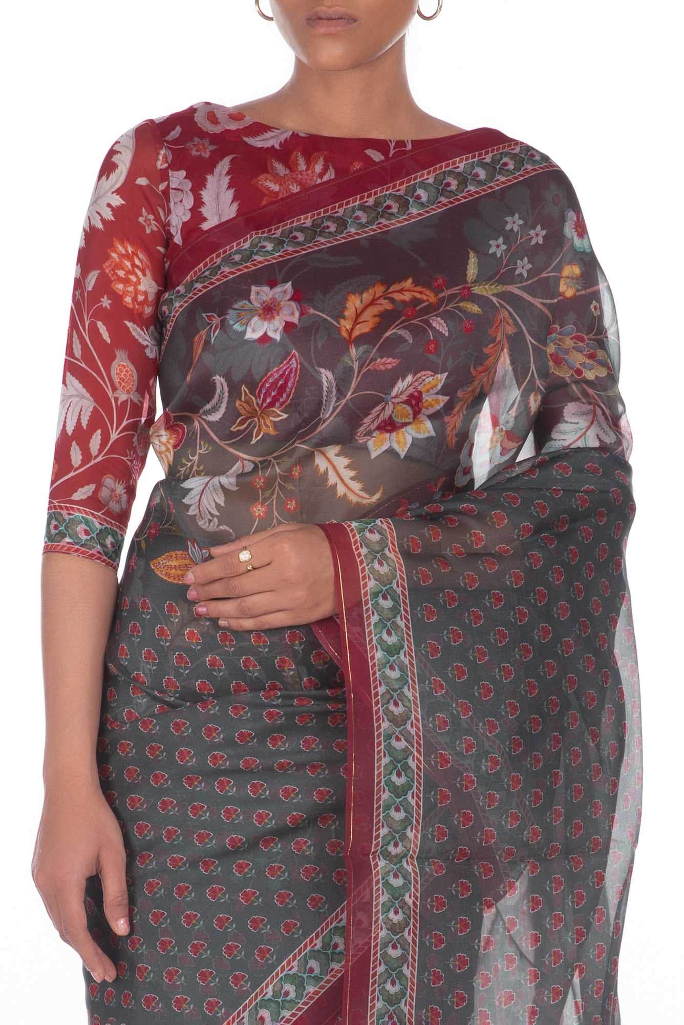 Pushpavalli Grey floral design saree from Chintz Collection, Designed by Nalli