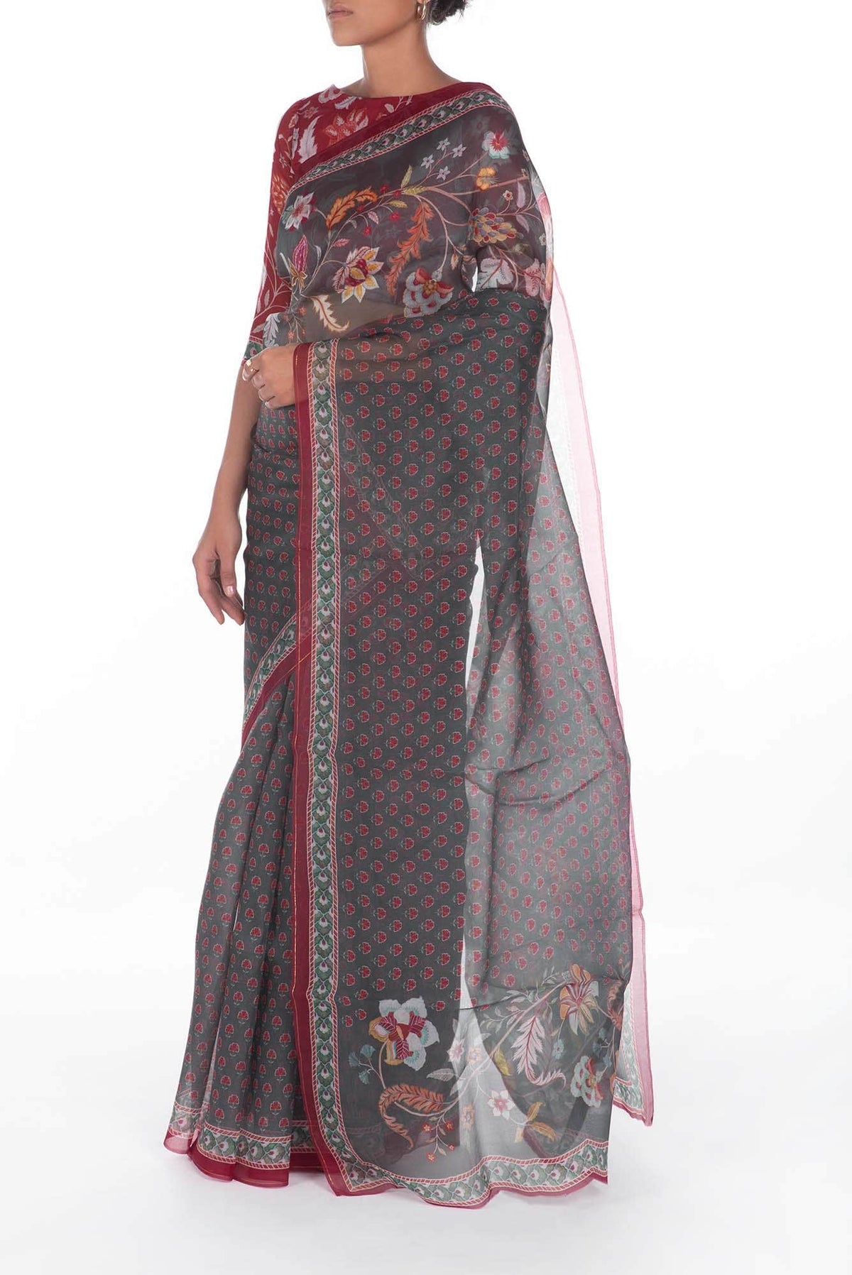 Pushpavalli Grey floral design saree from Chintz Collection, Designed by Nalli