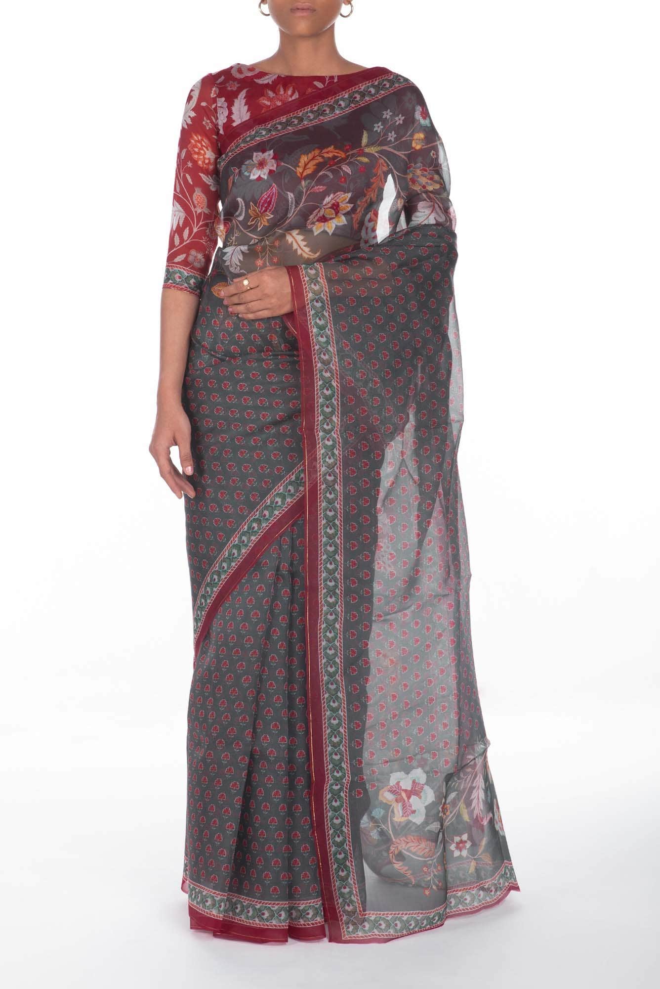 Pushpavalli Grey floral design saree from Chintz Collection, Designed by Nalli