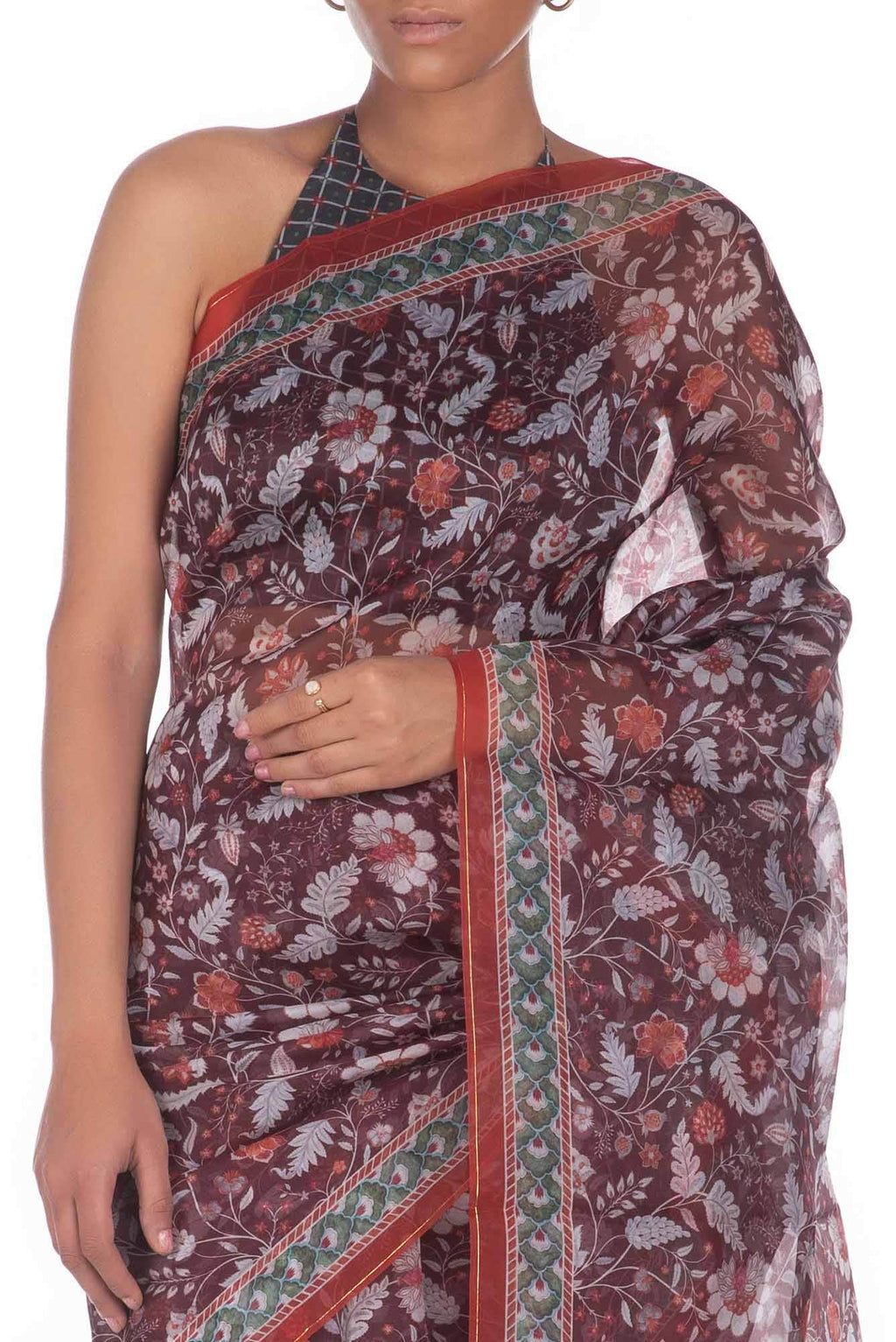 Guldasta Brown floral design saree from Chintz Collection, Designed by Nalli